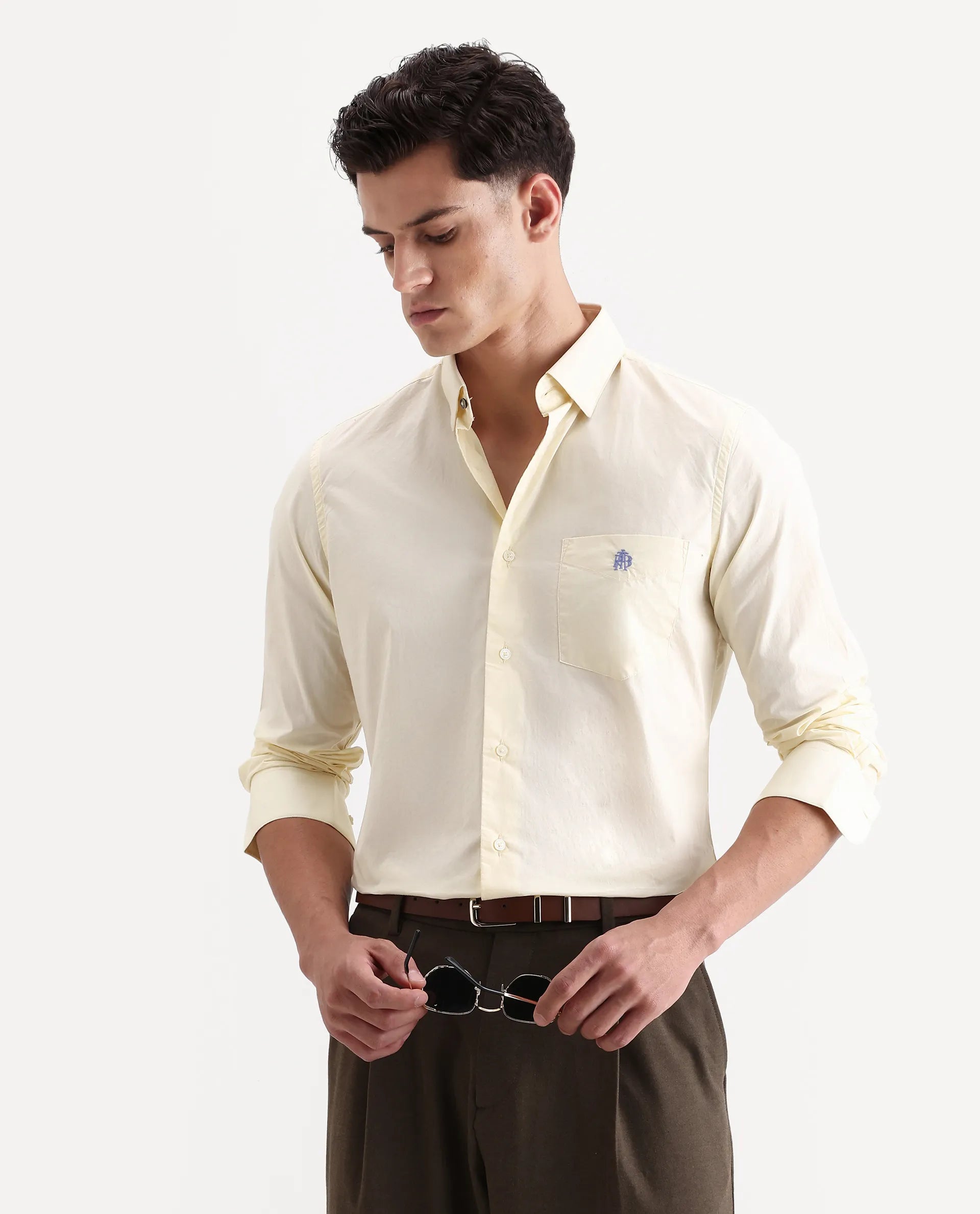 Rare Rabbit Men's Harmin Pastel Yellow Cotton Embroidered Regular Fit Full Sleeve Collared Shirt