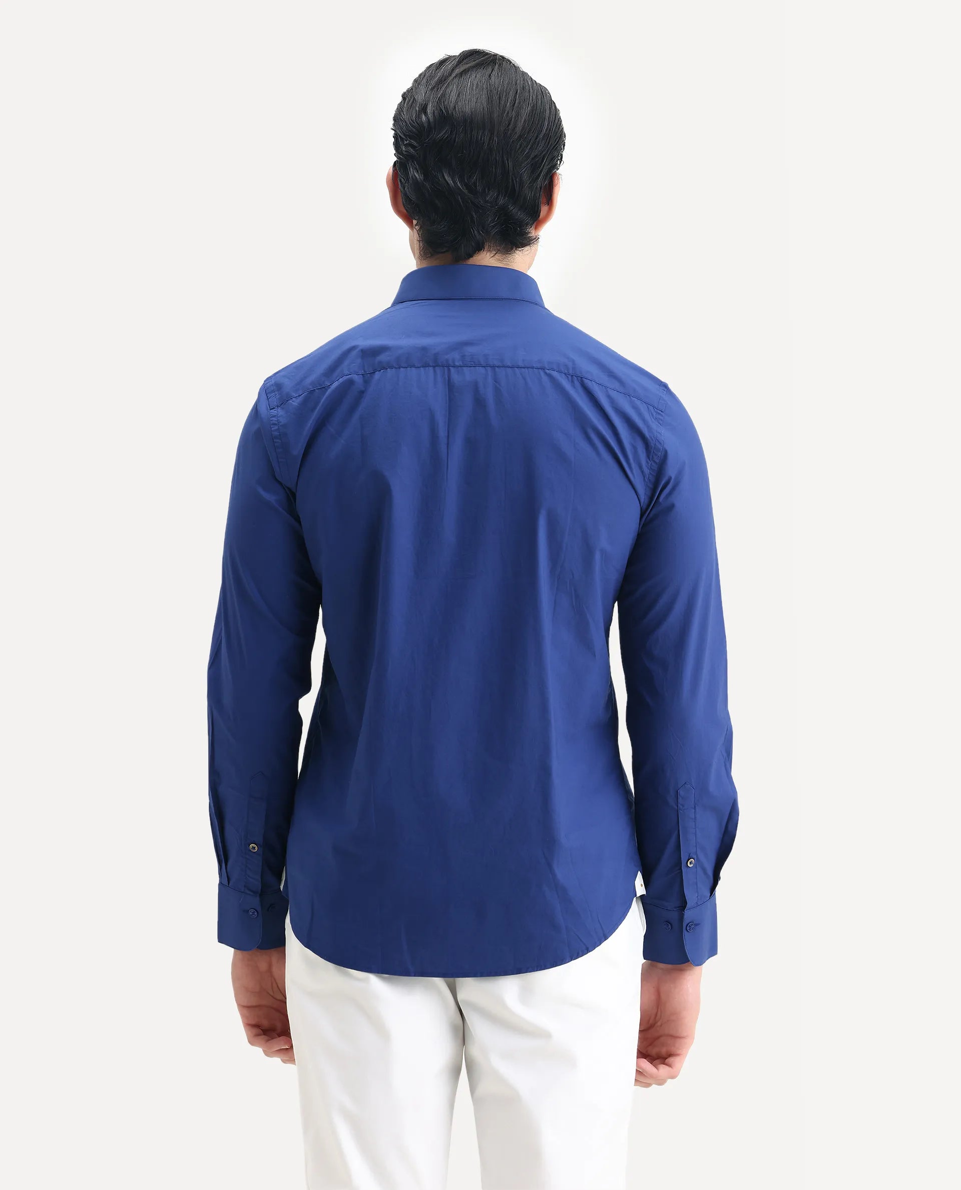 Rare Rabbit Men's Harmin Pastel Dark Blue Cotton Embroidered Regular Fit Full Sleeve Collared Shirt