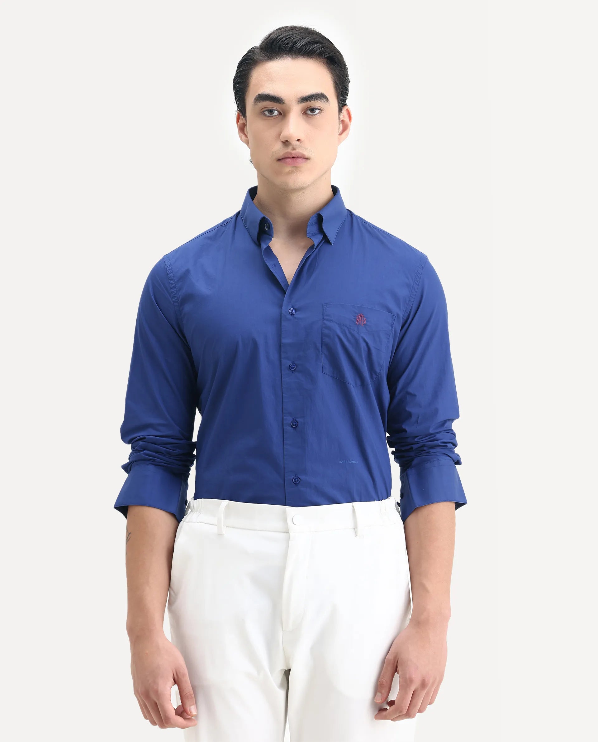 Rare Rabbit Men's Harmin Pastel Dark Blue Cotton Embroidered Regular Fit Full Sleeve Collared Shirt