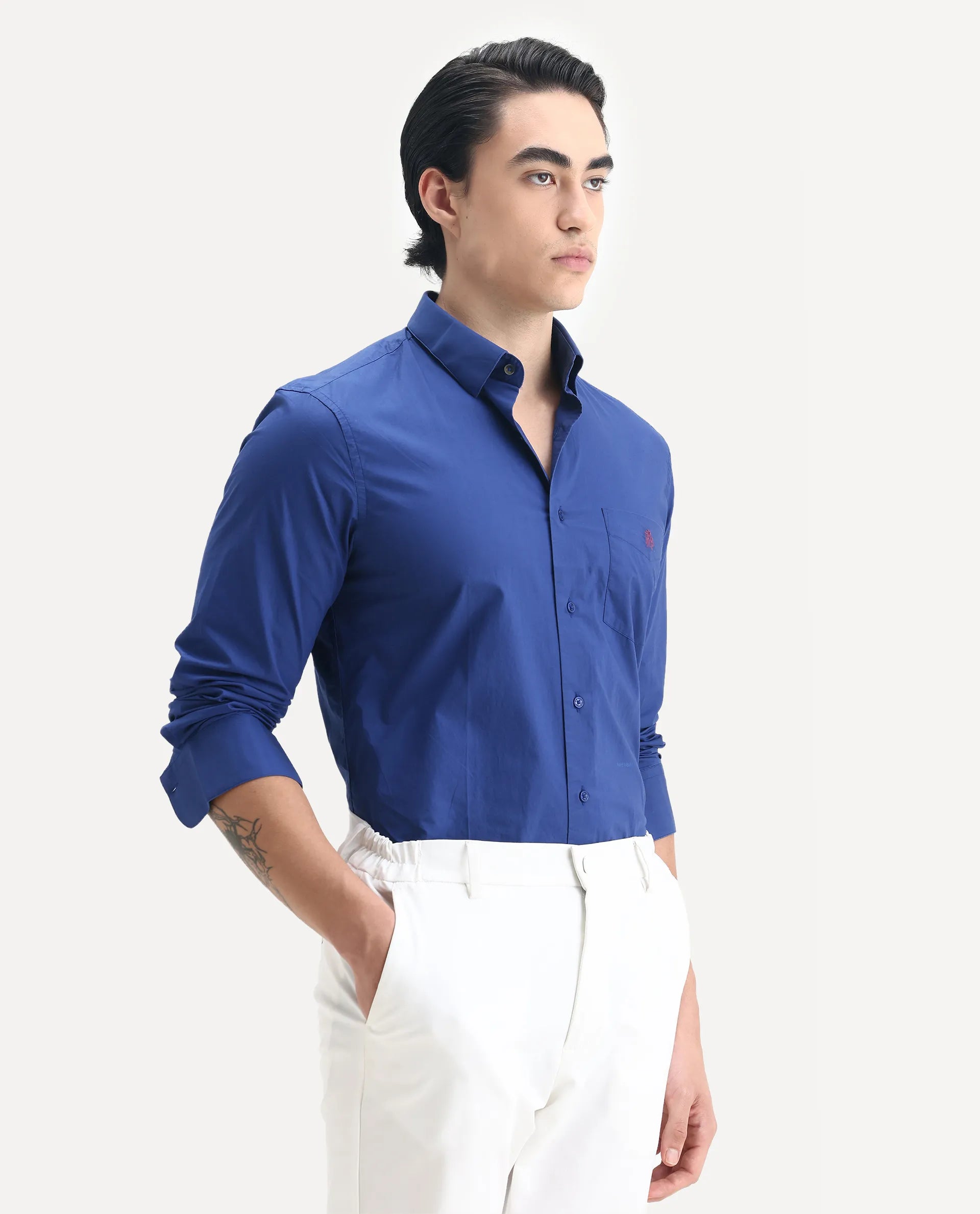 Rare Rabbit Men's Harmin Pastel Dark Blue Cotton Embroidered Regular Fit Full Sleeve Collared Shirt