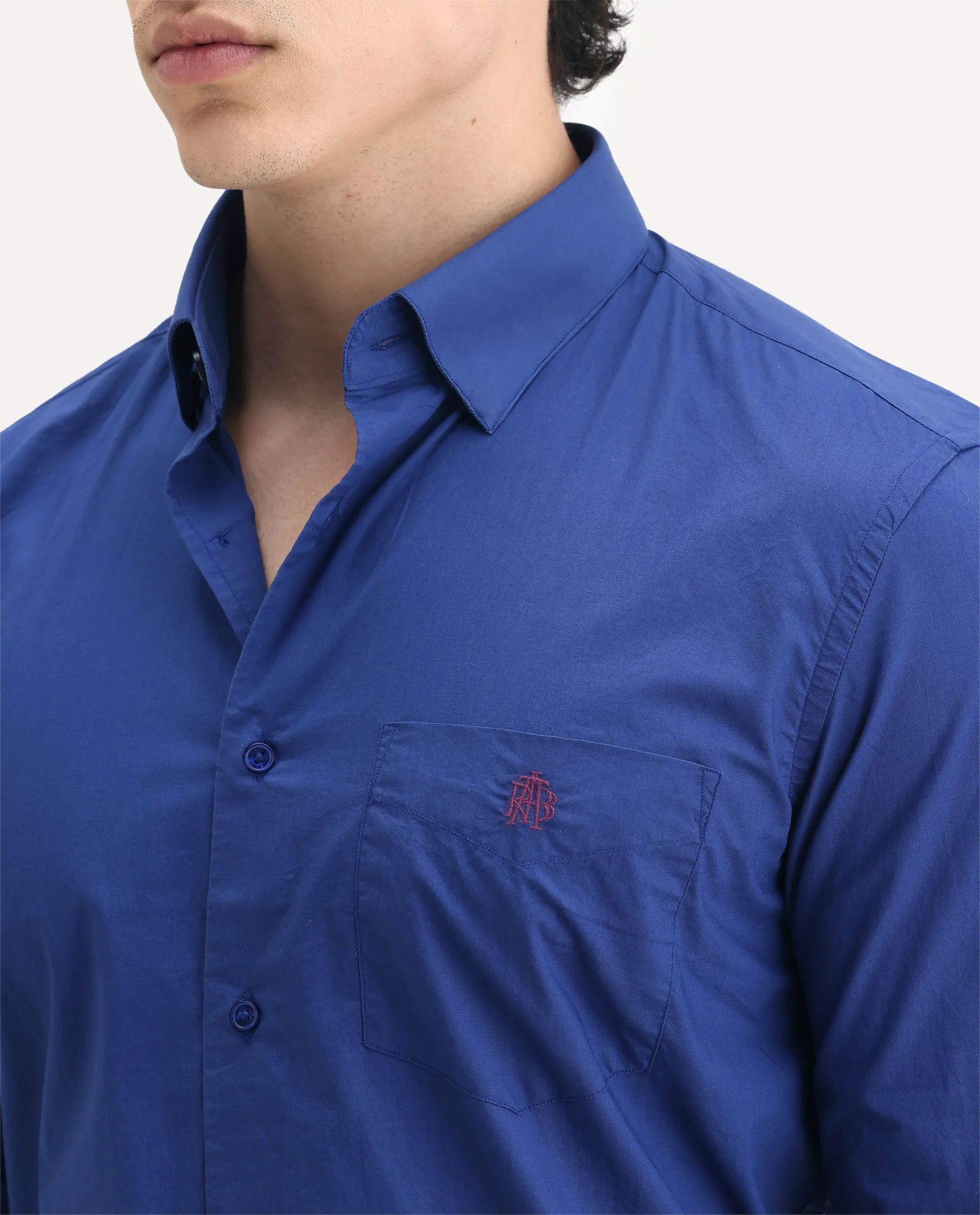 Rare Rabbit Men's Harmin Pastel Dark Blue Cotton Embroidered Regular Fit Full Sleeve Collared Shirt
