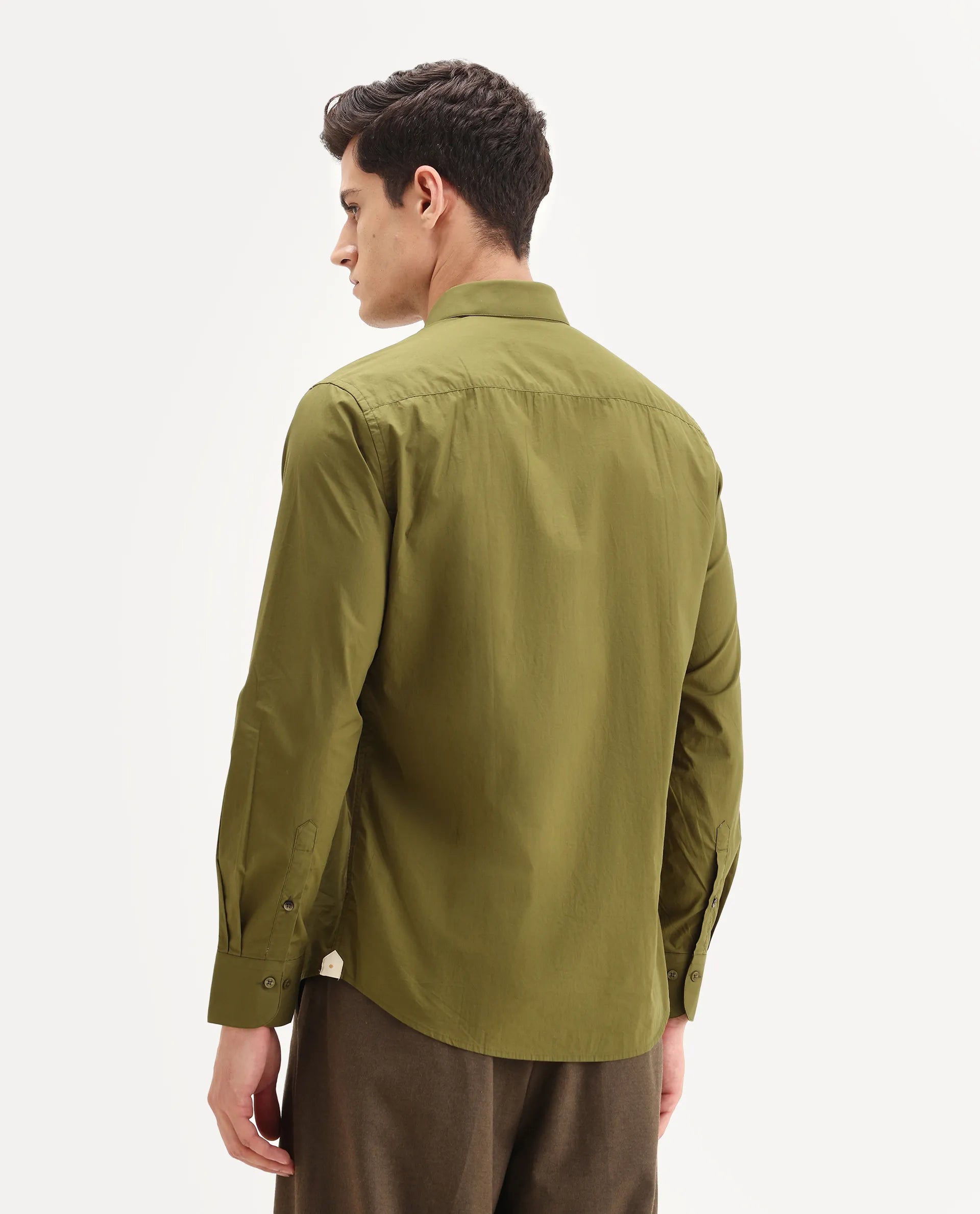 Rare Rabbit Men's Harmin Light Olive Cotton Embroidered Regular Fit Full Sleeve Collared Shirt