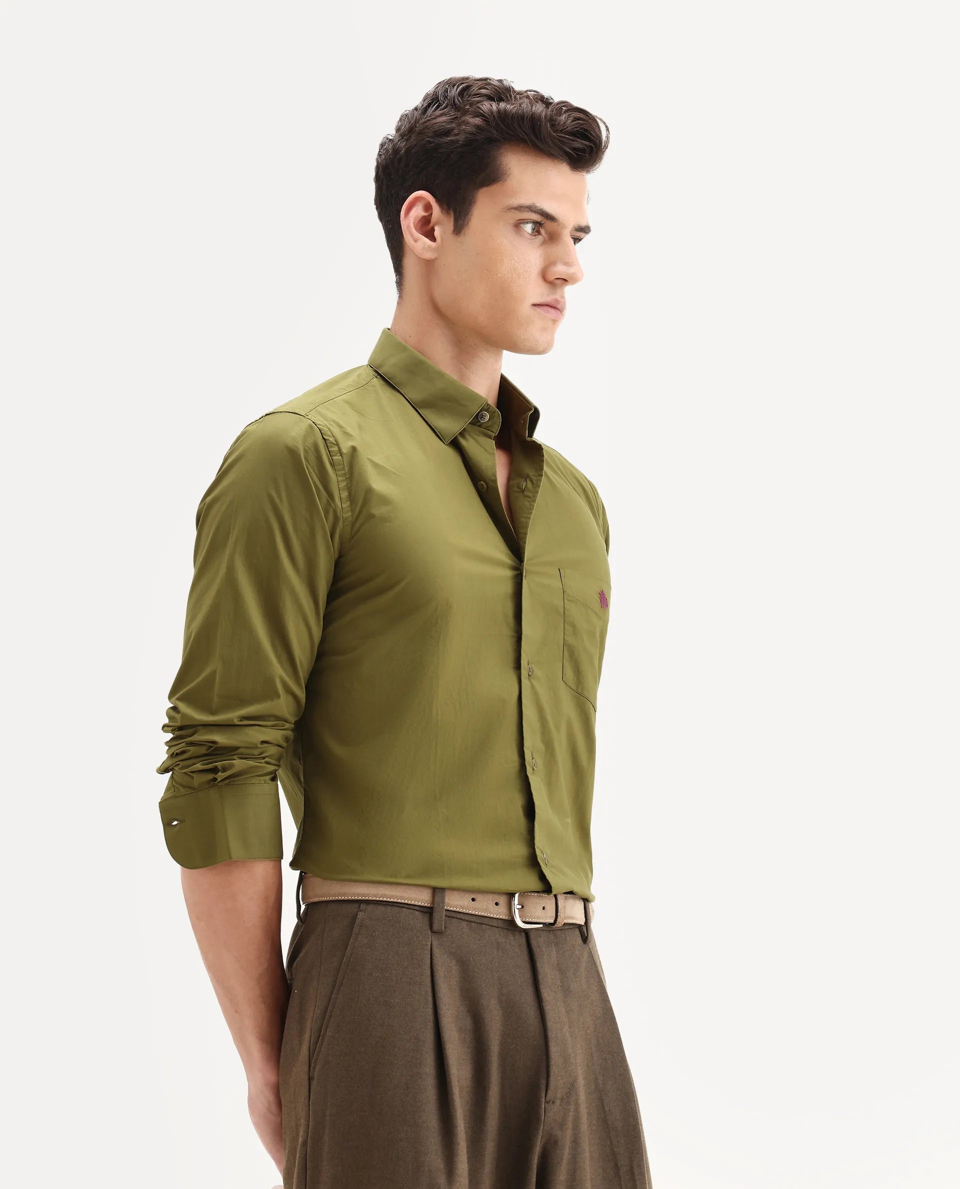 Rare Rabbit Men's Harmin Light Olive Cotton Embroidered Regular Fit Full Sleeve Collared Shirt