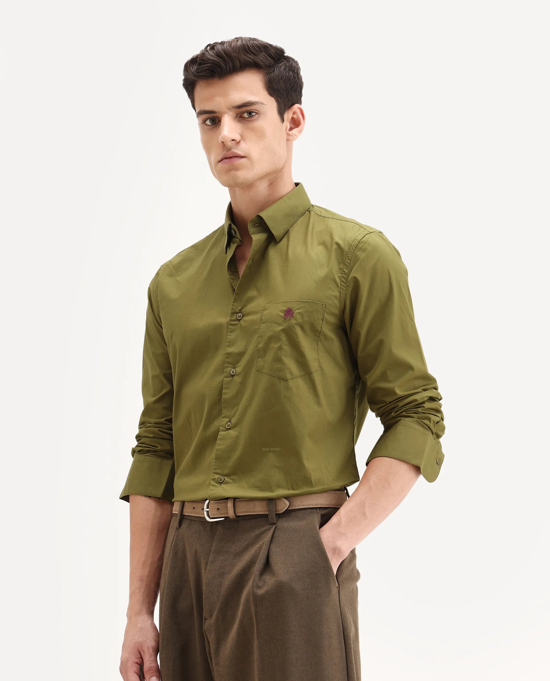 Rare Rabbit Men's Harmin Light Olive Cotton Embroidered Regular Fit Full Sleeve Collared Shirt