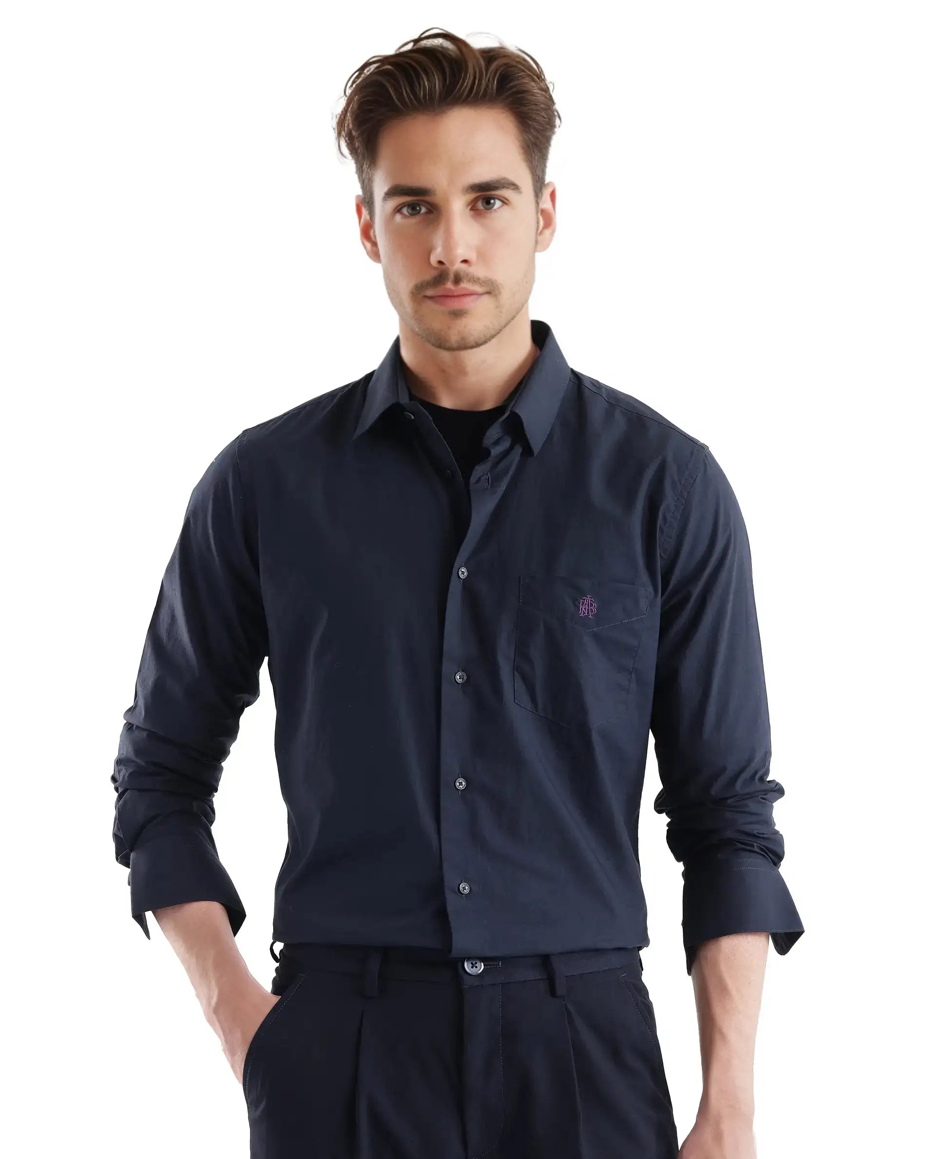 Rare Rabbit Men's Harmin Navy Cotton Plain Regular Fit Full Sleeve Collared Shirt