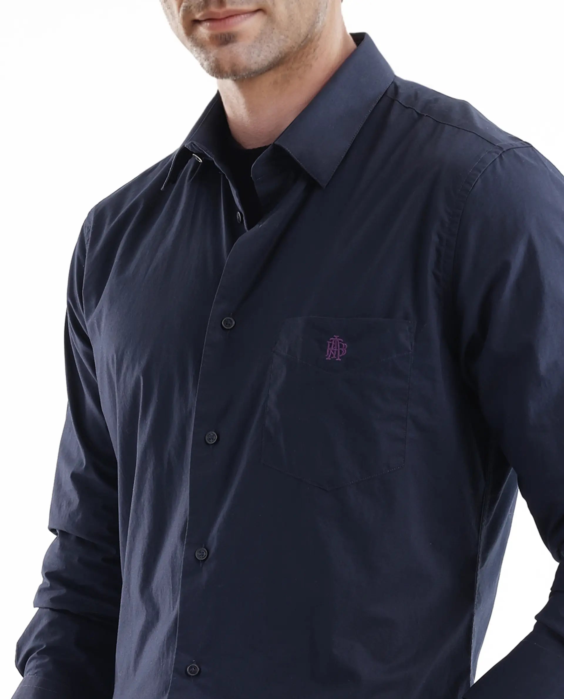Rare Rabbit Men Harmin Navy Full Sleeve Collared Neck Button Closure Regular Fit Plain Shirt