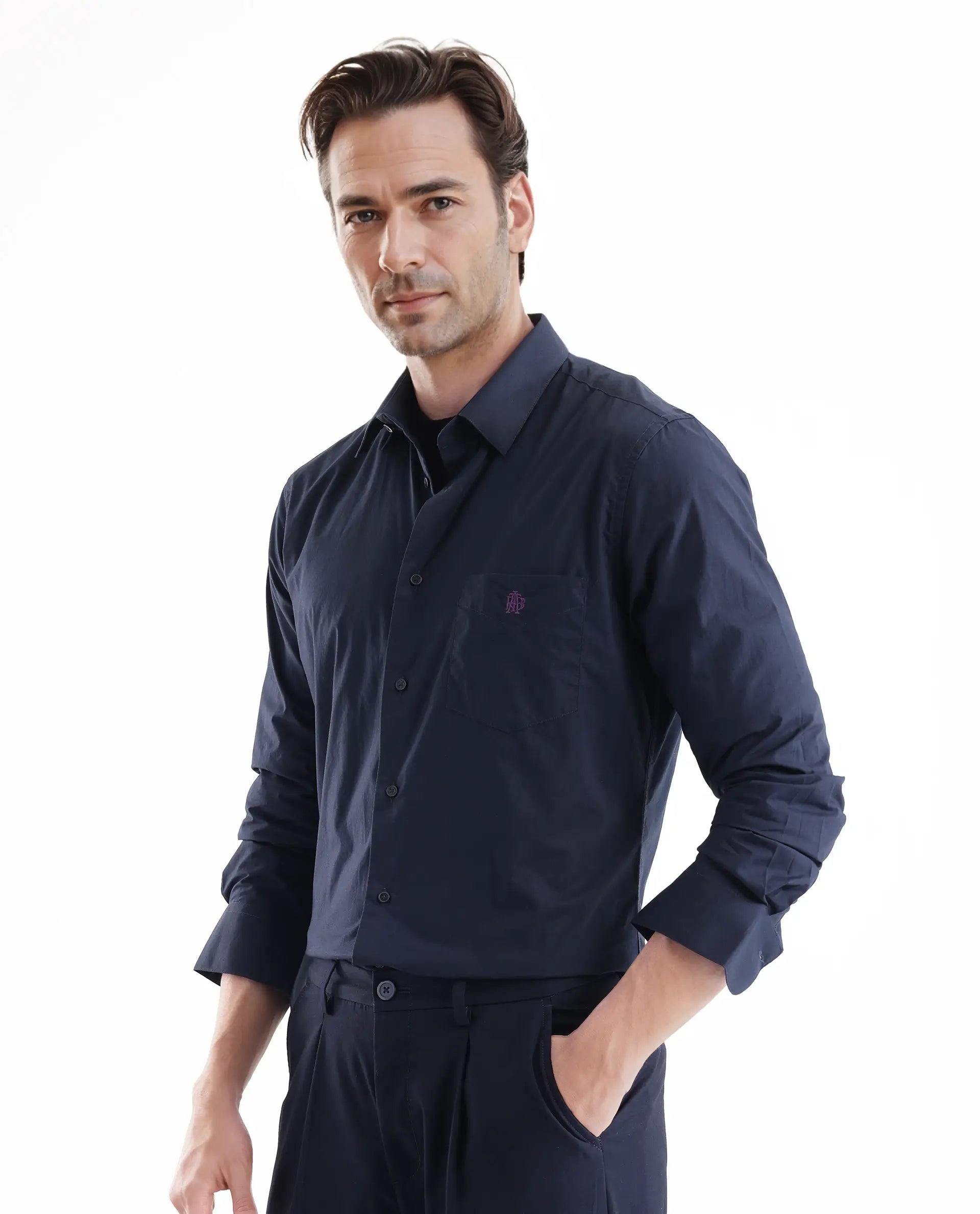 Rare Rabbit Men Harmin Navy Full Sleeve Collared Neck Button Closure Regular Fit Plain Shirt