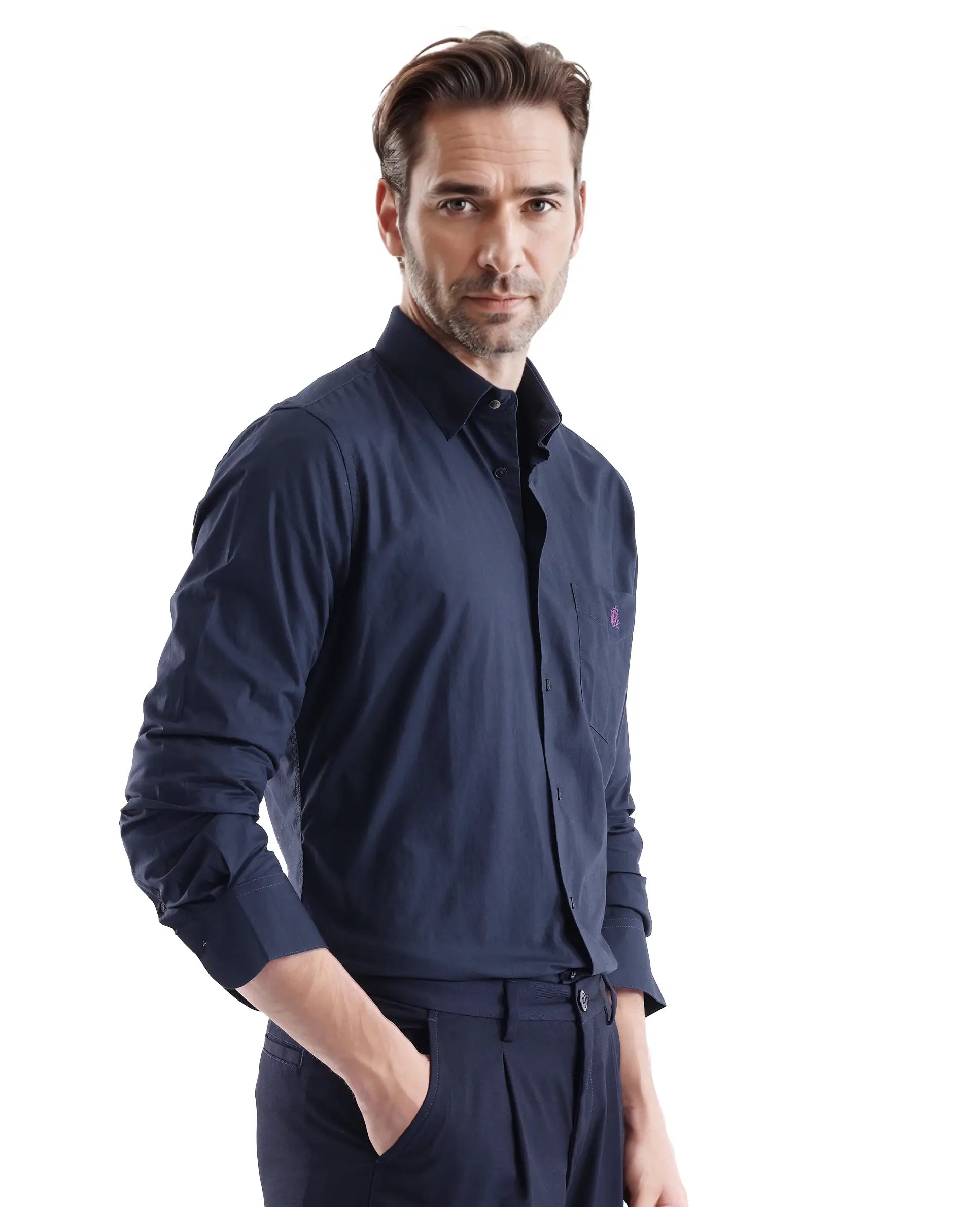 Rare Rabbit Men Harmin Navy Full Sleeve Collared Neck Button Closure Regular Fit Plain Shirt