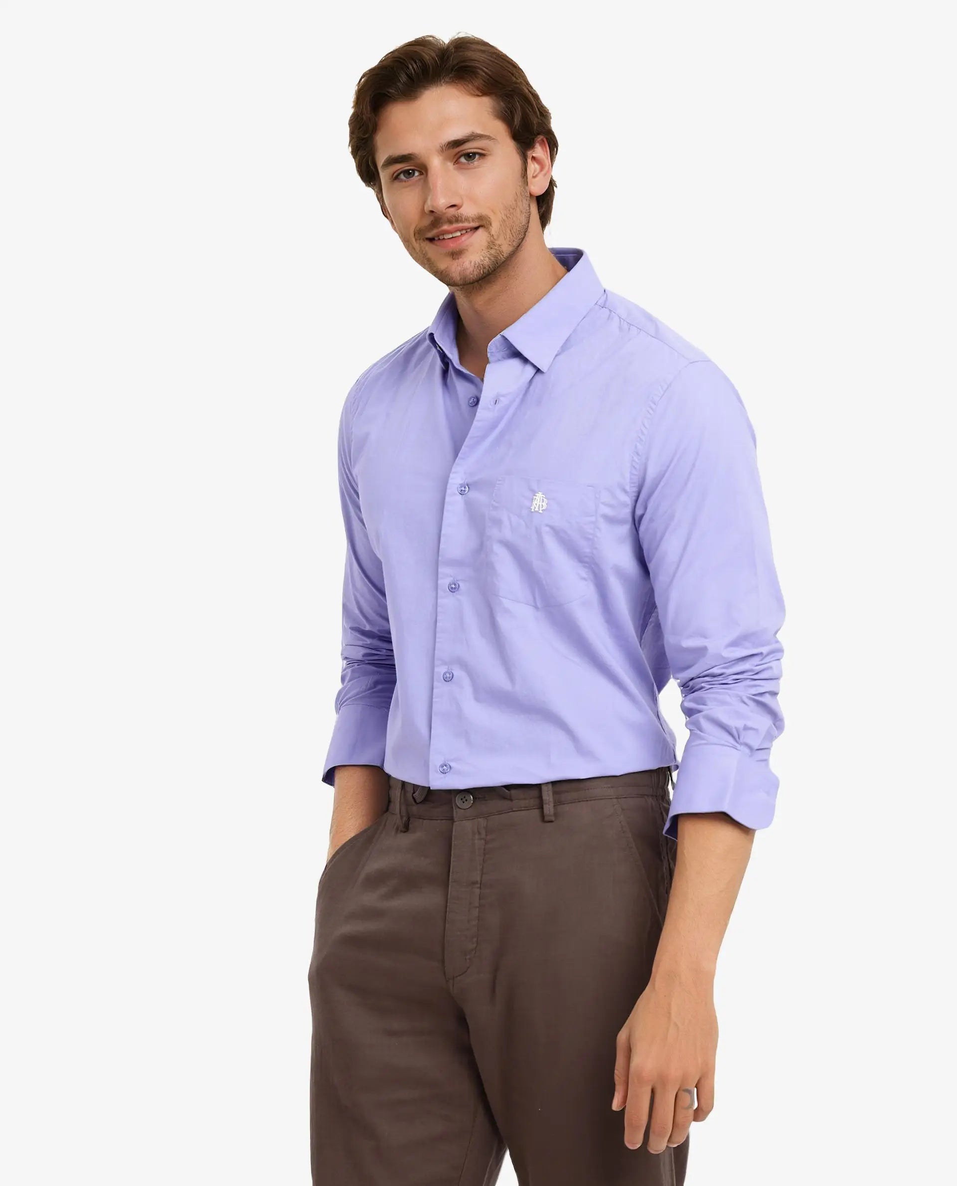 Rare Rabbit Men Harmin Pastel Purple Cotton Fabric Full Sleeve Regular Fit Embroidered Logo Plain Poplin Shirt