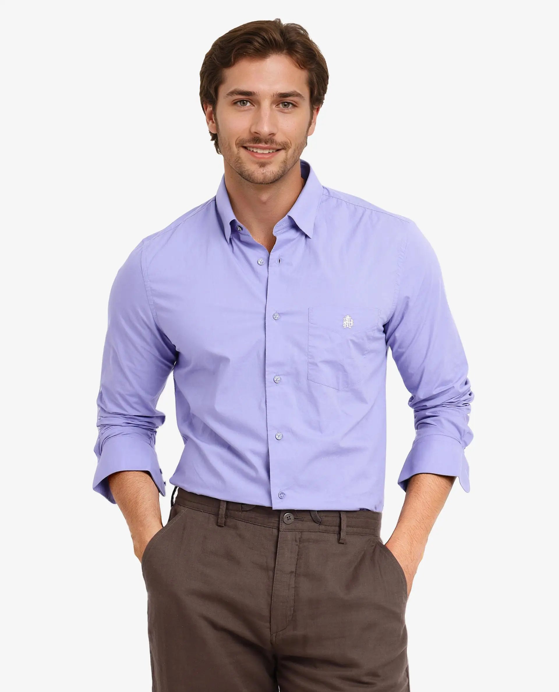 Rare Rabbit Men Harmin Pastel Purple Cotton Fabric Full Sleeve Regular Fit Embroidered Logo Plain Poplin Shirt