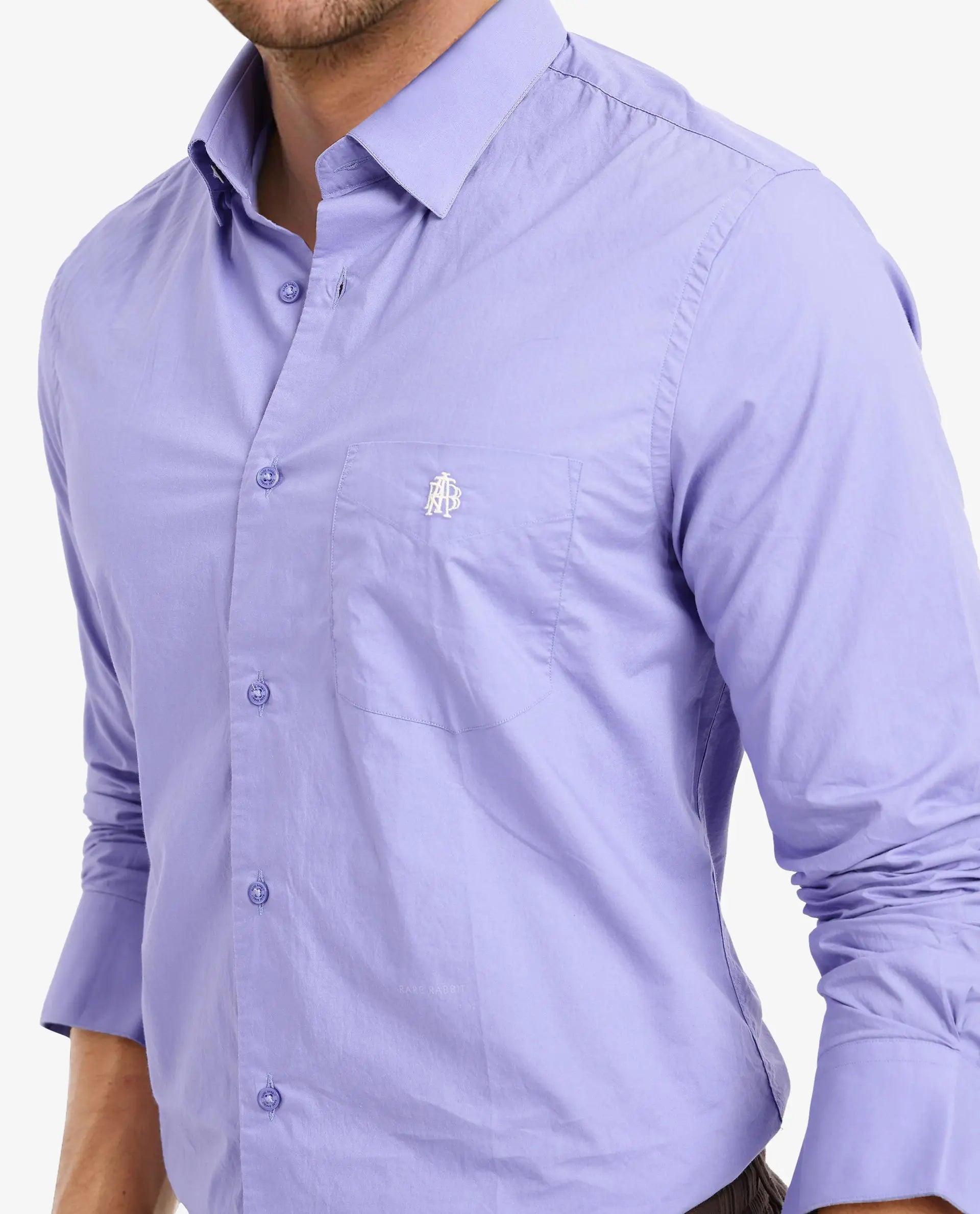 Rare Rabbit Men Harmin Pastel Purple Cotton Fabric Full Sleeve Regular Fit Embroidered Logo Plain Poplin Shirt