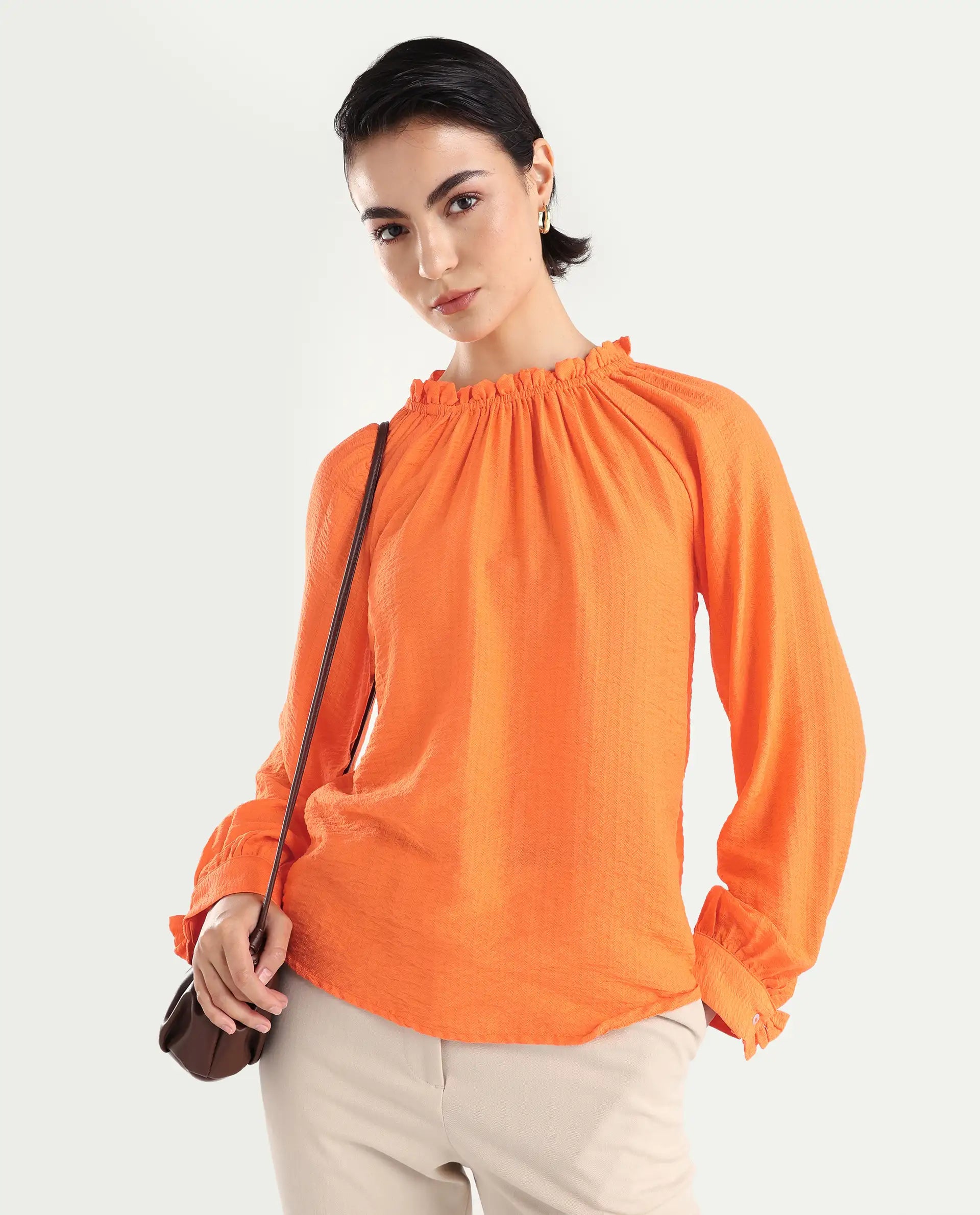 Rareism Women's Harof Dark Orange Polyester Blend High Neck Plain Balloon Sleeve Regular Fit Top