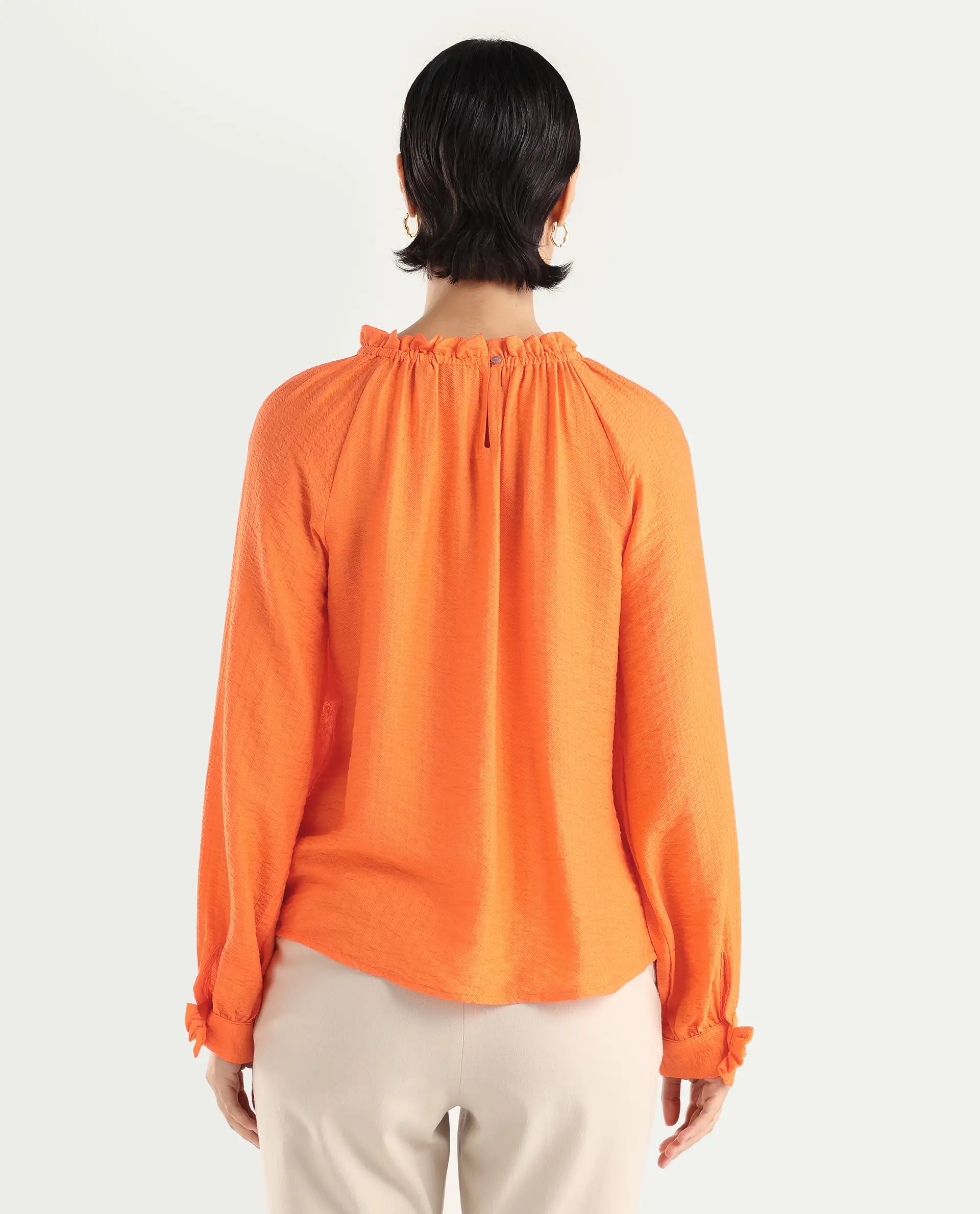 Rareism Women's Harof Dark Orange Polyester Blend High Neck Plain Balloon Sleeve Regular Fit Top