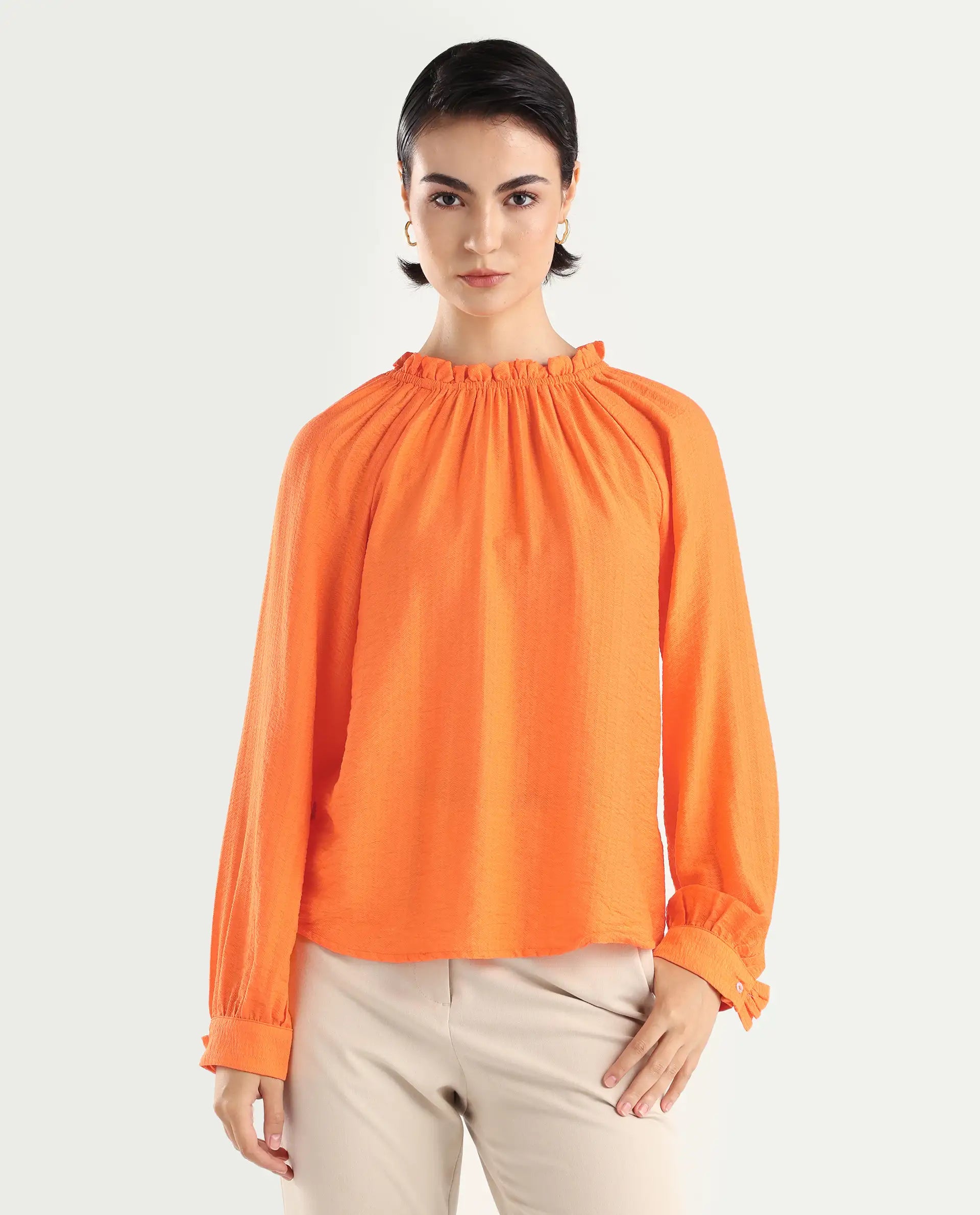 Rareism Women's Harof Dark Orange Polyester Blend High Neck Plain Balloon Sleeve Regular Fit Top