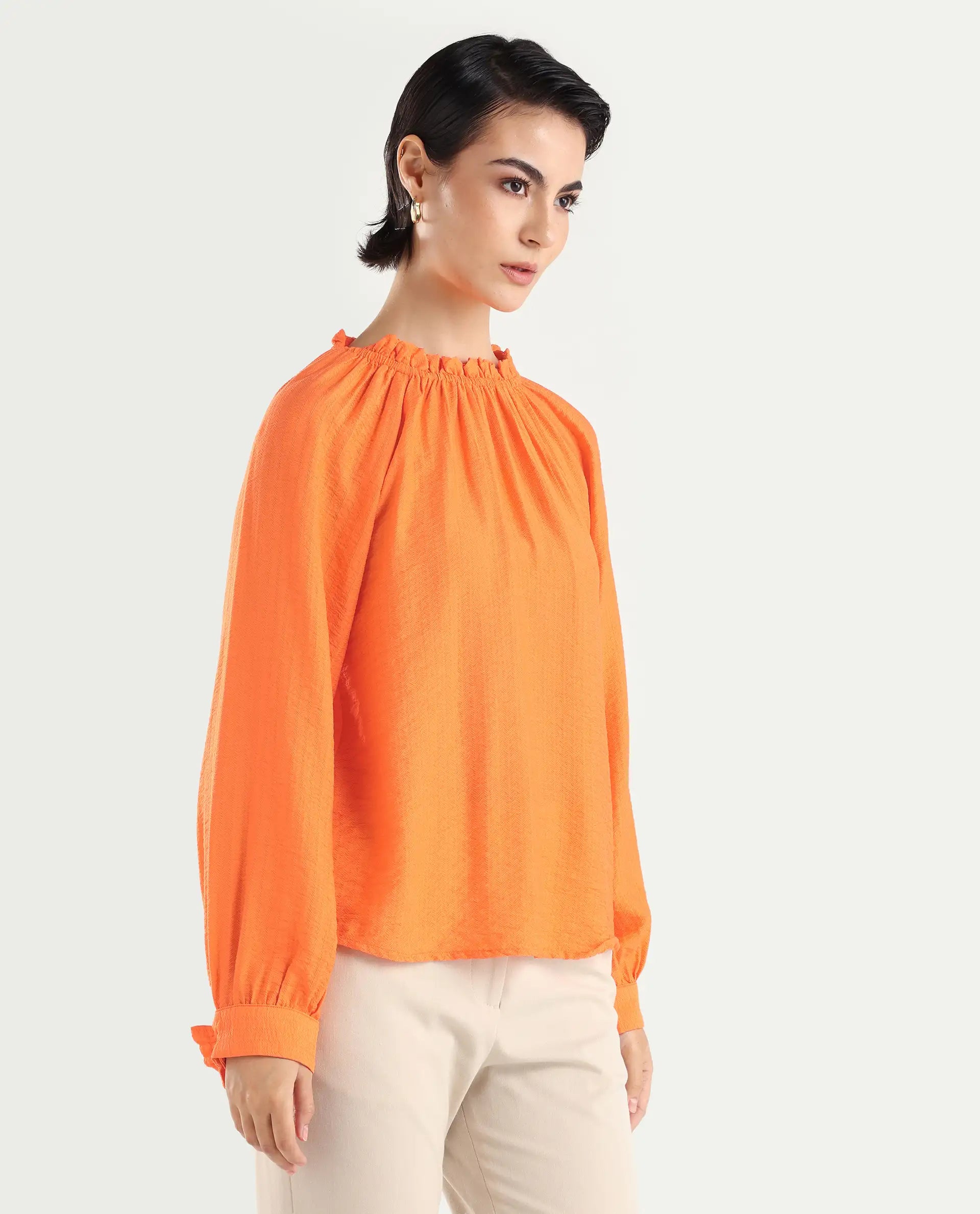 Rareism Women's Harof Dark Orange Polyester Blend High Neck Plain Balloon Sleeve Regular Fit Top