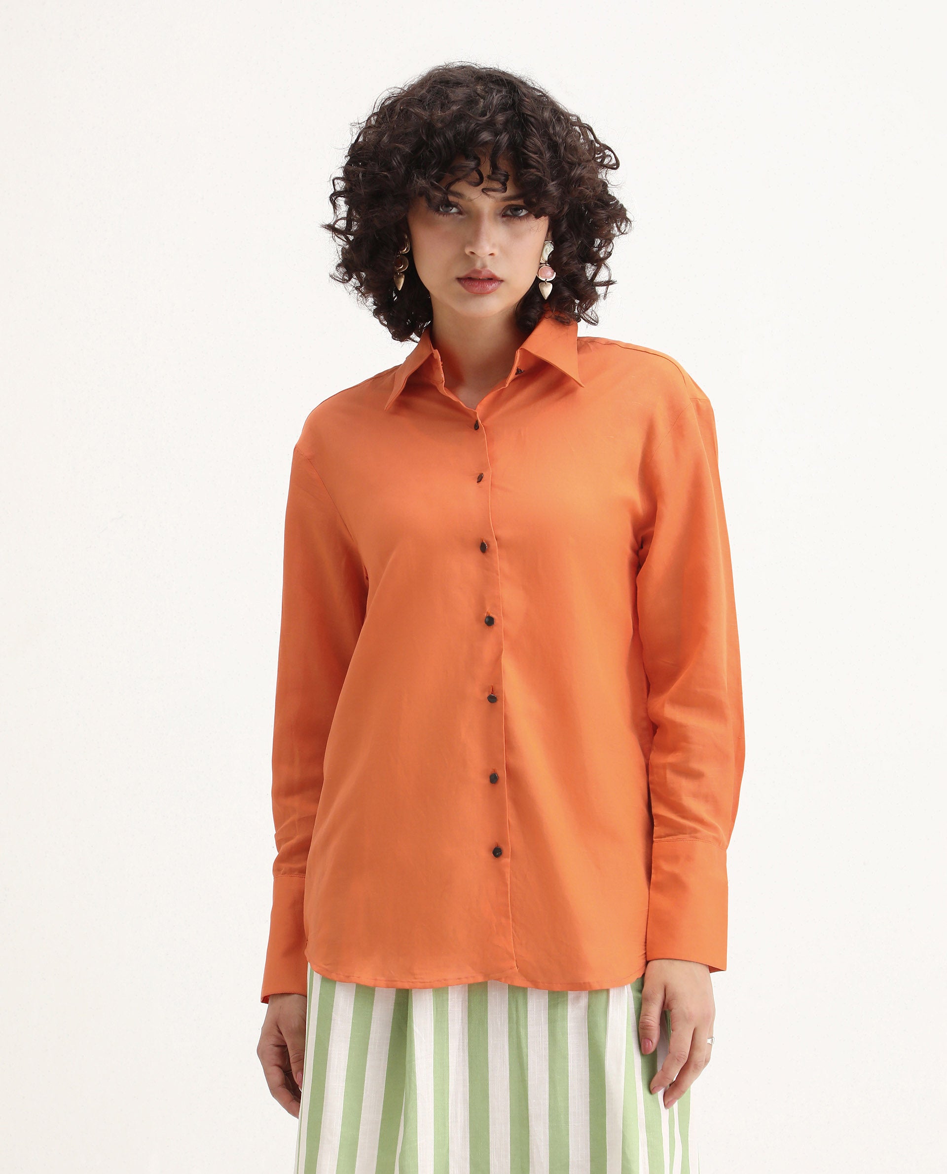 Rareism Women's Harper Orange Linen Spread Collar Plain Regular Fit Top