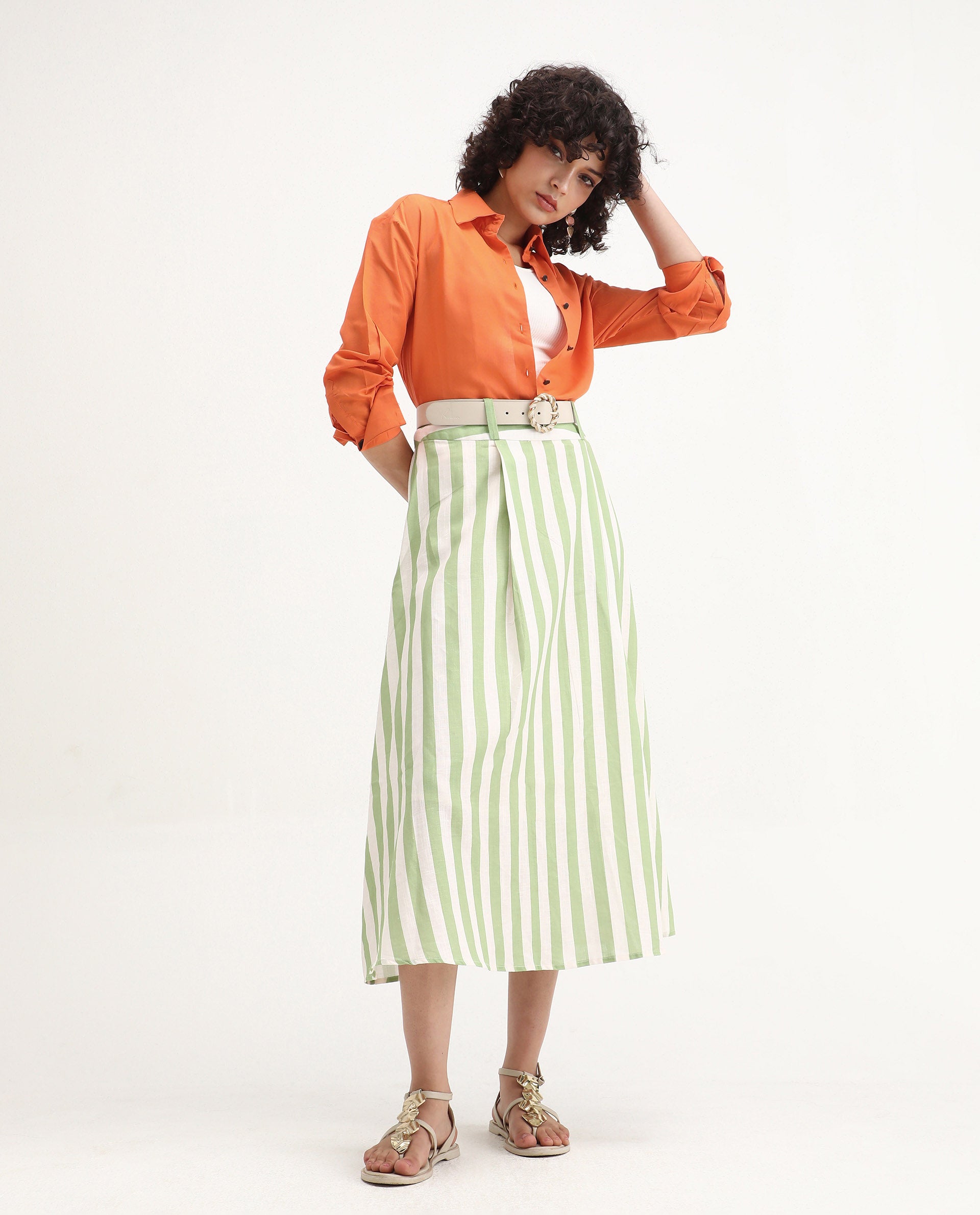 Rareism Women's Harper Orange Linen Spread Collar Plain Regular Fit Top