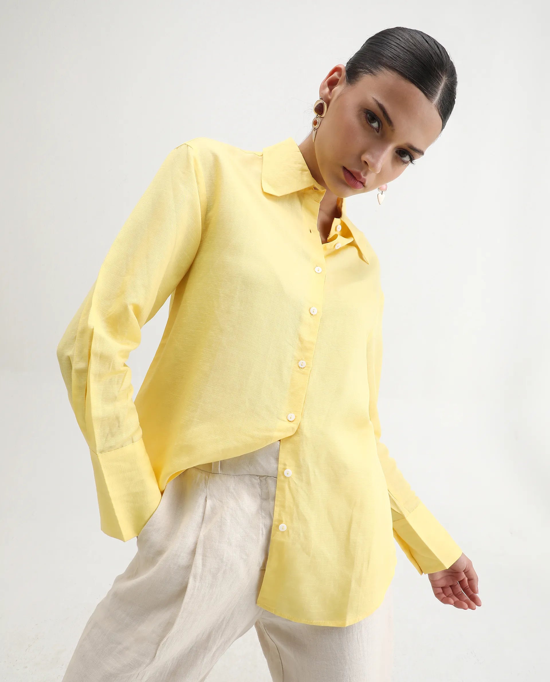 Rareism Women's Harper Yellow Linen Spread Collar Plain Regular Fit Shirt