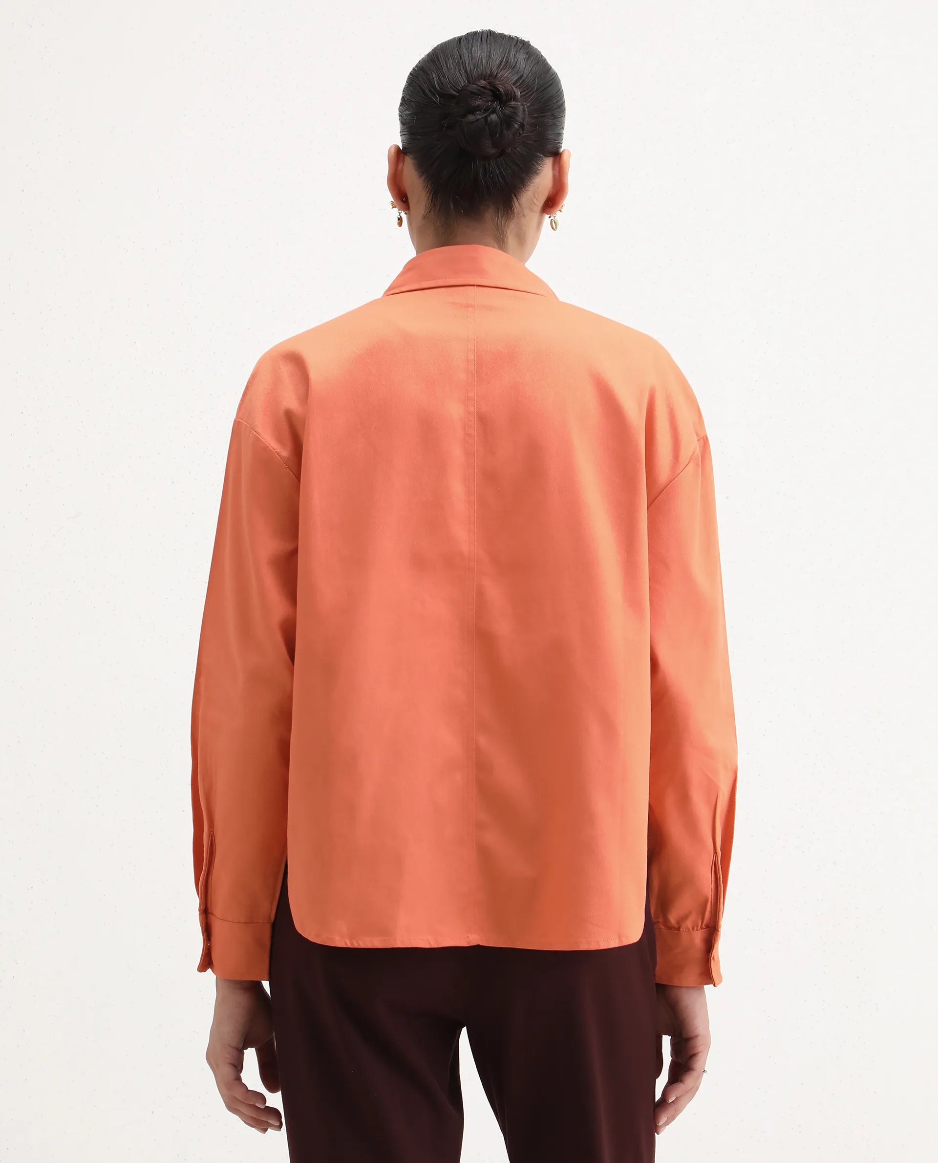 Rareism Women's Harrila Orange Cotton Drop Collar Plain Cuffed Sleeve Regular Fit Shirt
