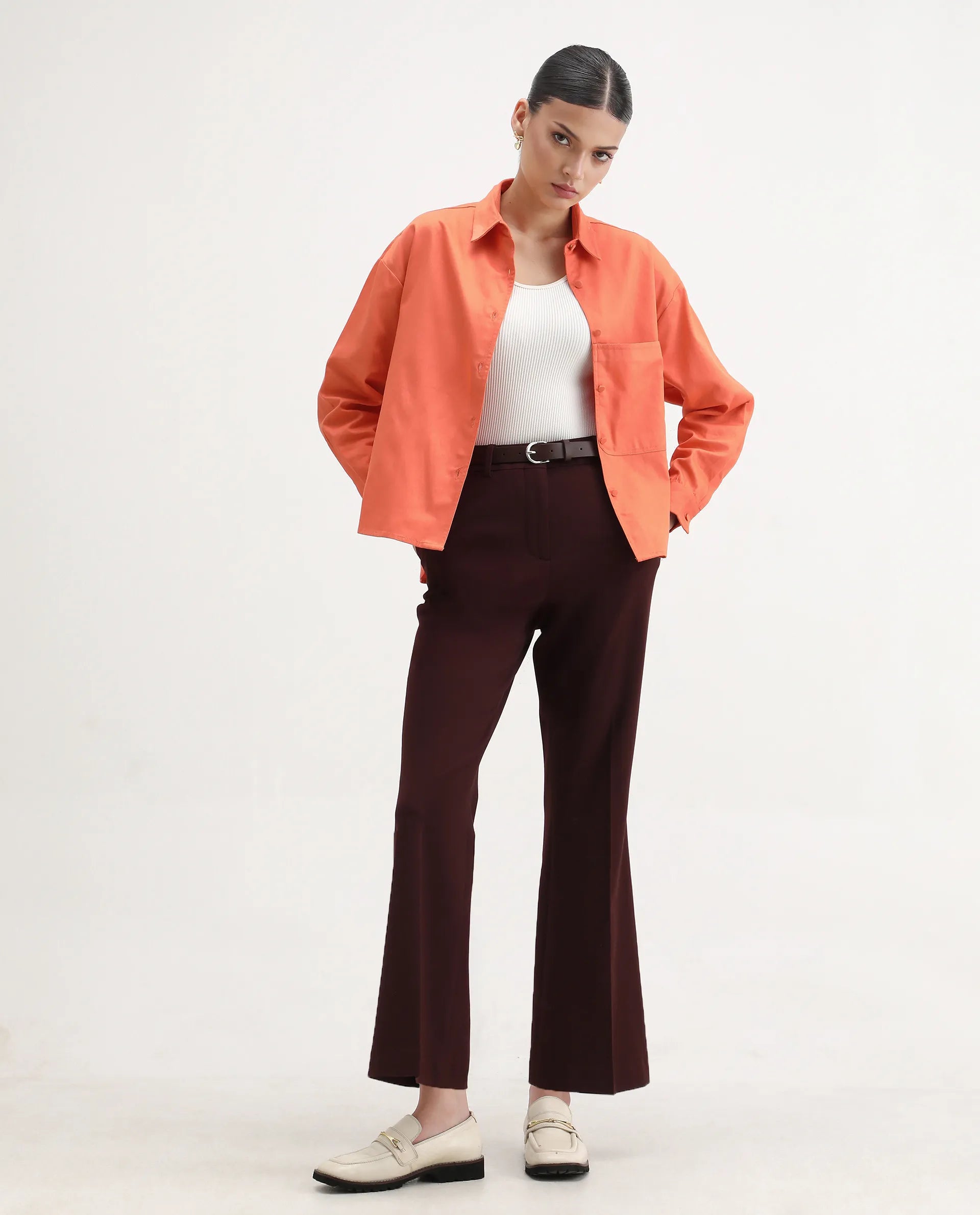 Rareism Women's Harrila Orange Cotton Drop Collar Plain Cuffed Sleeve Regular Fit Shirt