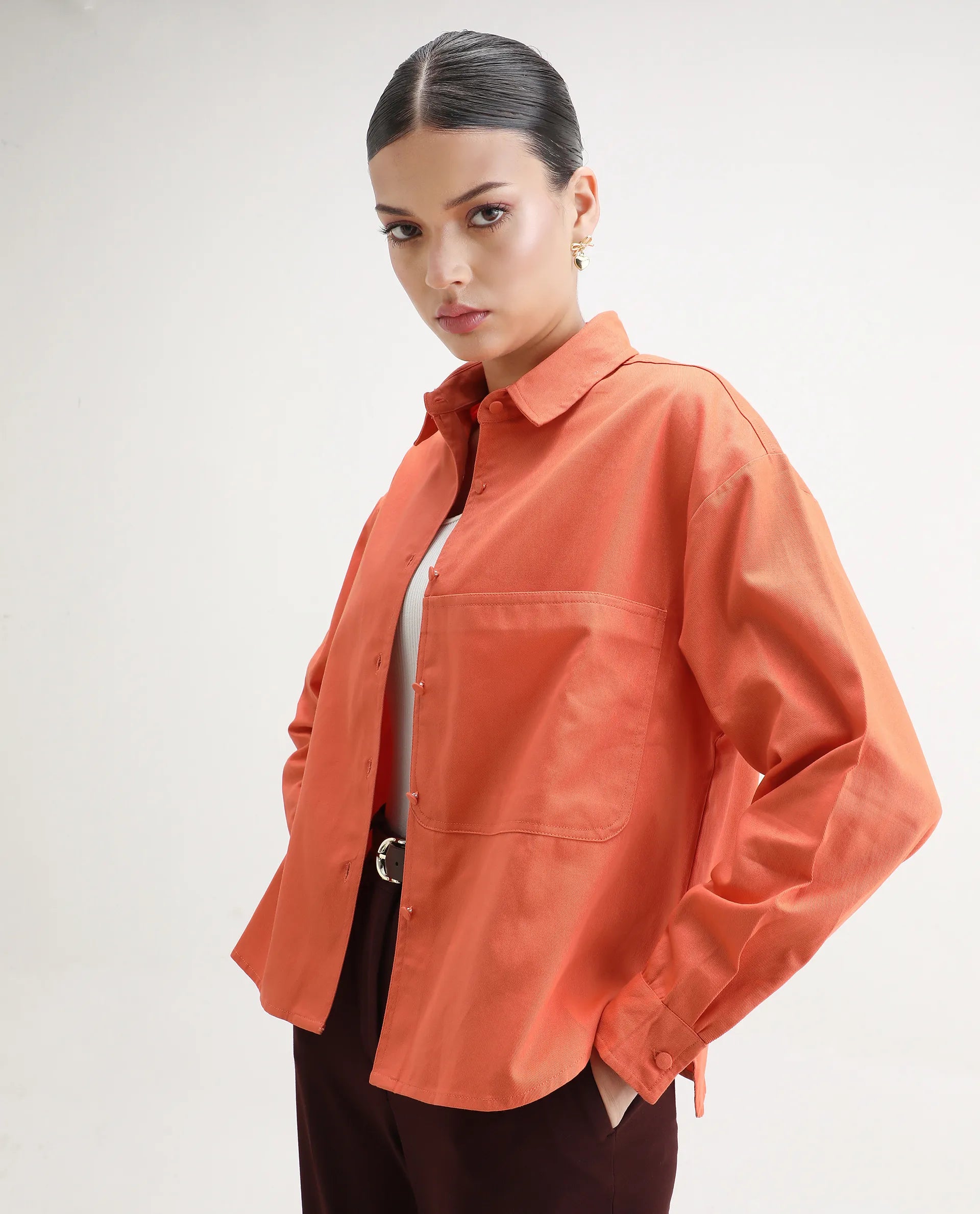 Rareism Women's Harrila Orange Cotton Drop Collar Plain Cuffed Sleeve Regular Fit Shirt
