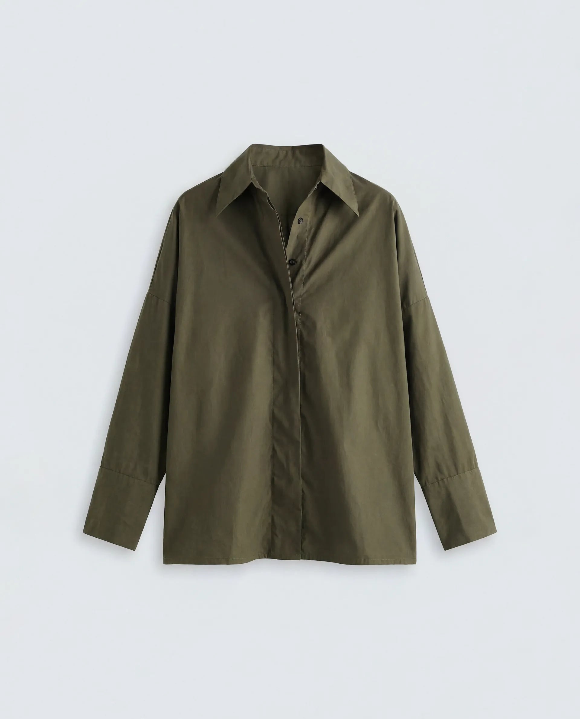 Rareism Women's Oni Olive Cotton Spread Collar Button Boxy Plain Shirt