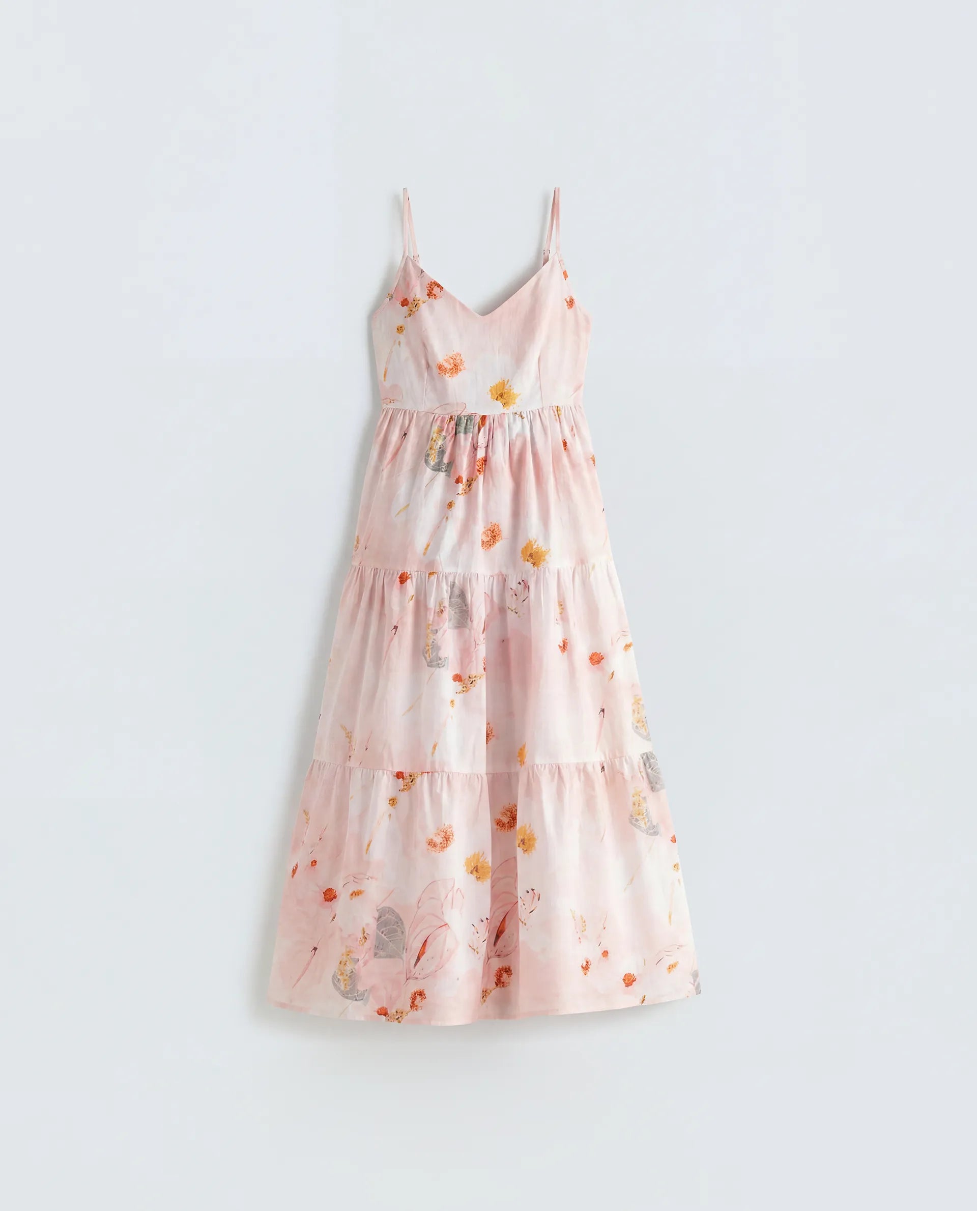 Rareism Women's Ruano Pastel Pink Cotton V-Neck Tiered Botanical Print Dress
