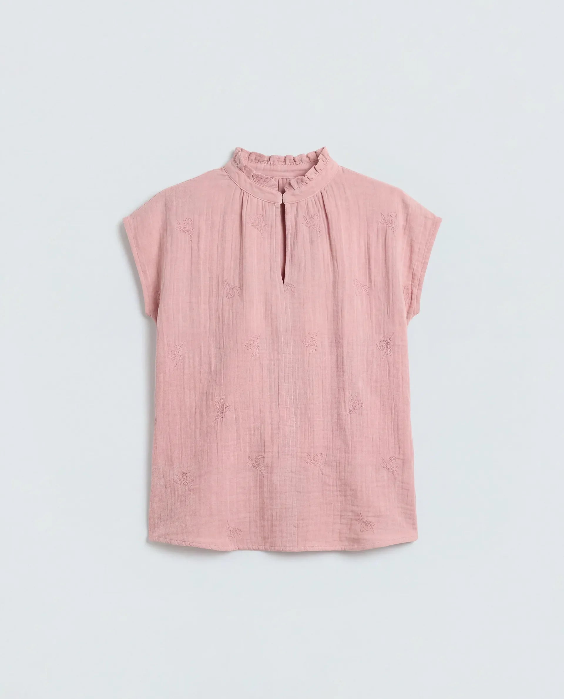 Rareism Women's Rudub Dusky Pink Cotton Ruffled Neck Regular Plain Top