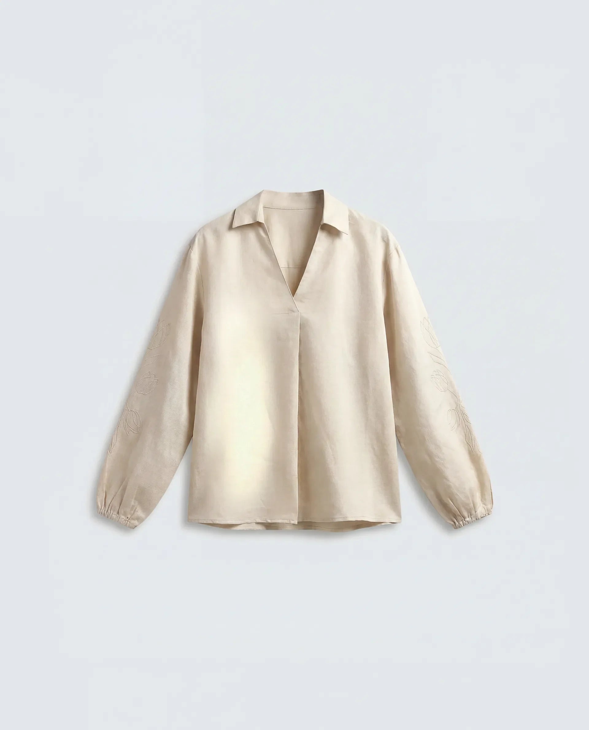 Rareism Women's Ruemb Beige Linen Blend Johnny Collar Relaxed Plain Top