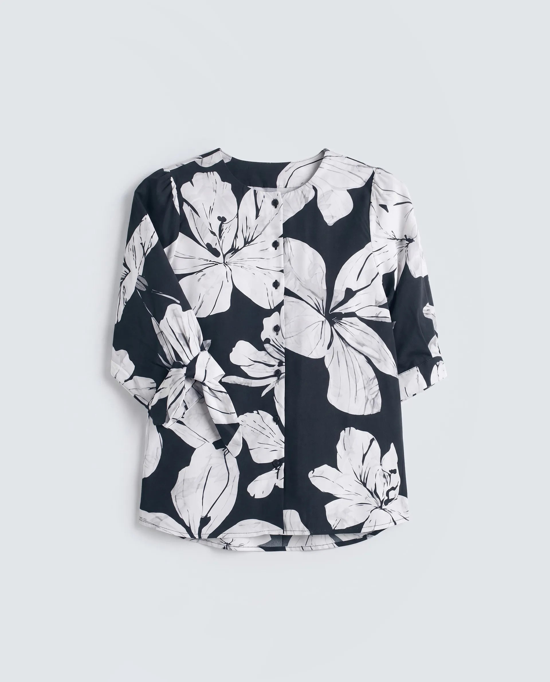 Rareism Women's Vasha-T Black Viscose Half Sleeve Relaxed Fit Floral Print Top