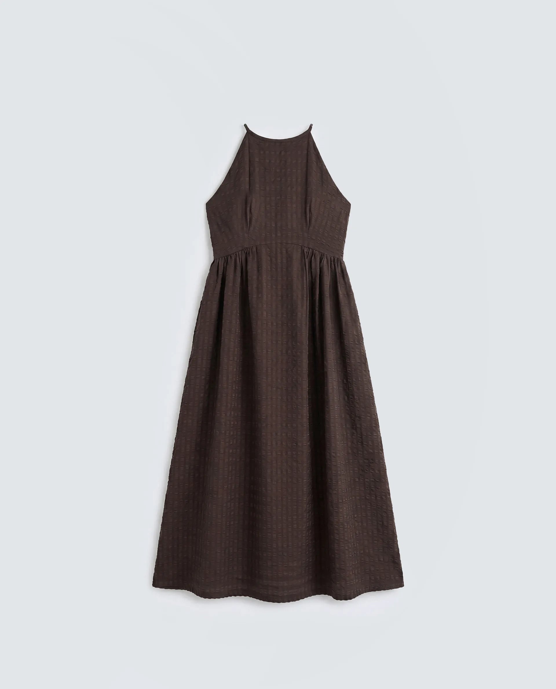 Rareism Women's Veant Brown Polyester Sleeveless Halter Neck Fit And Flare Plain Dress