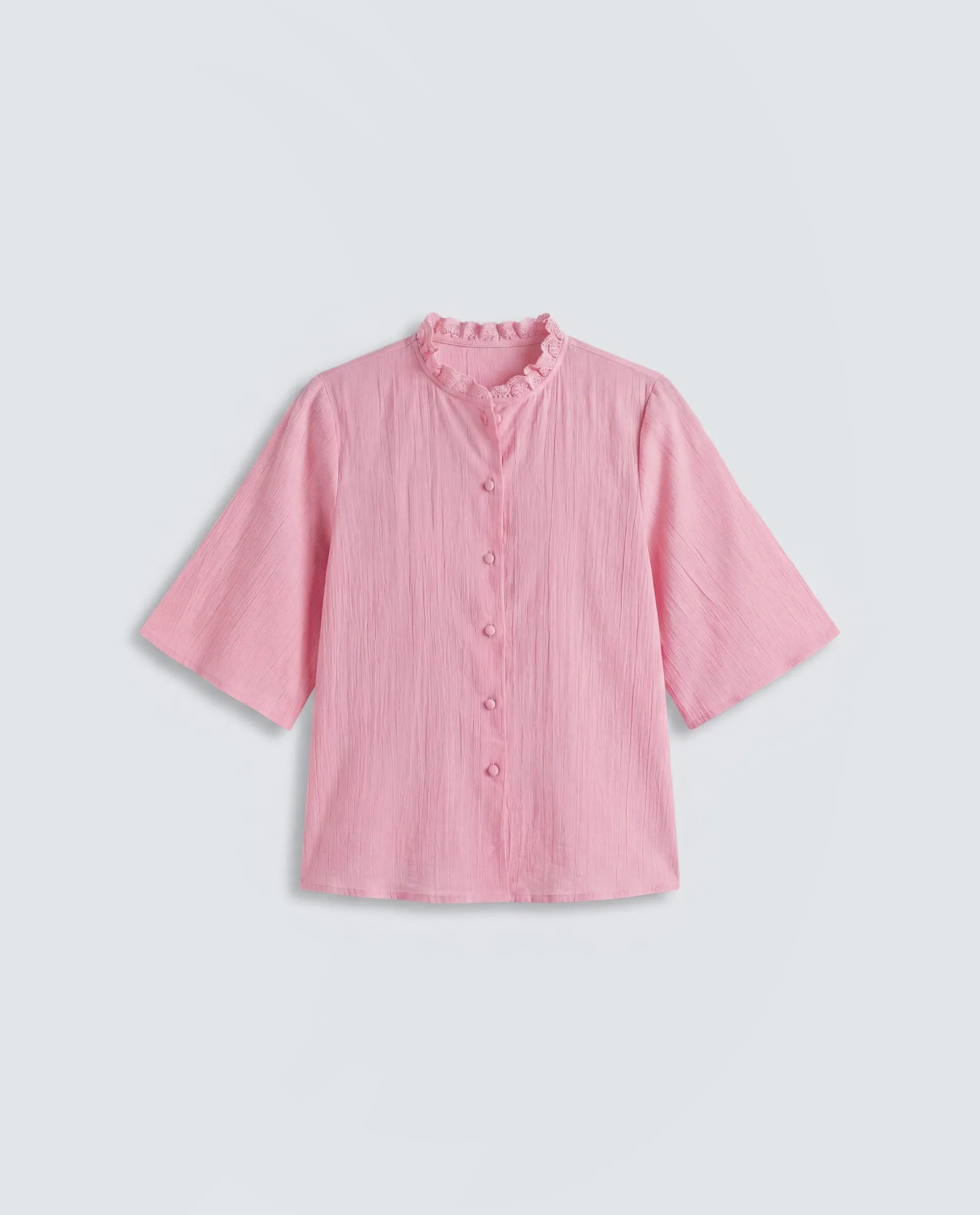 Rareism Women's Velpa Pink Cotton Ruffled Neck Relaxed Plain Top