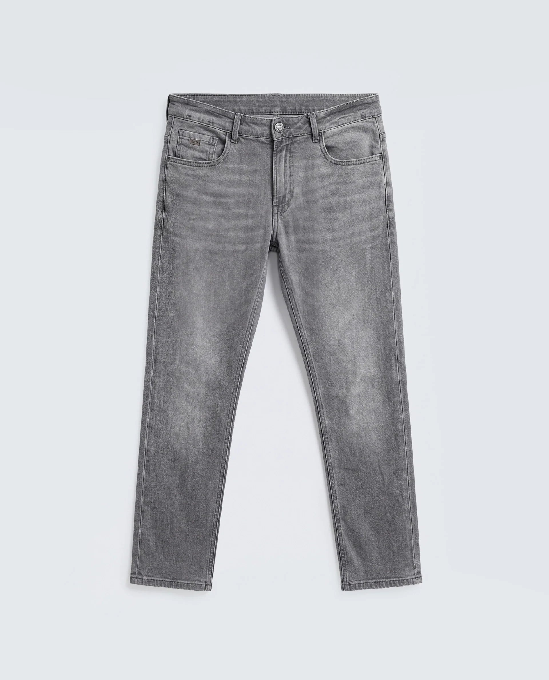 Rare Rabbit Men's Kairo-2 Grey Cotton Fabric Kurt Carrot Plain Jeans