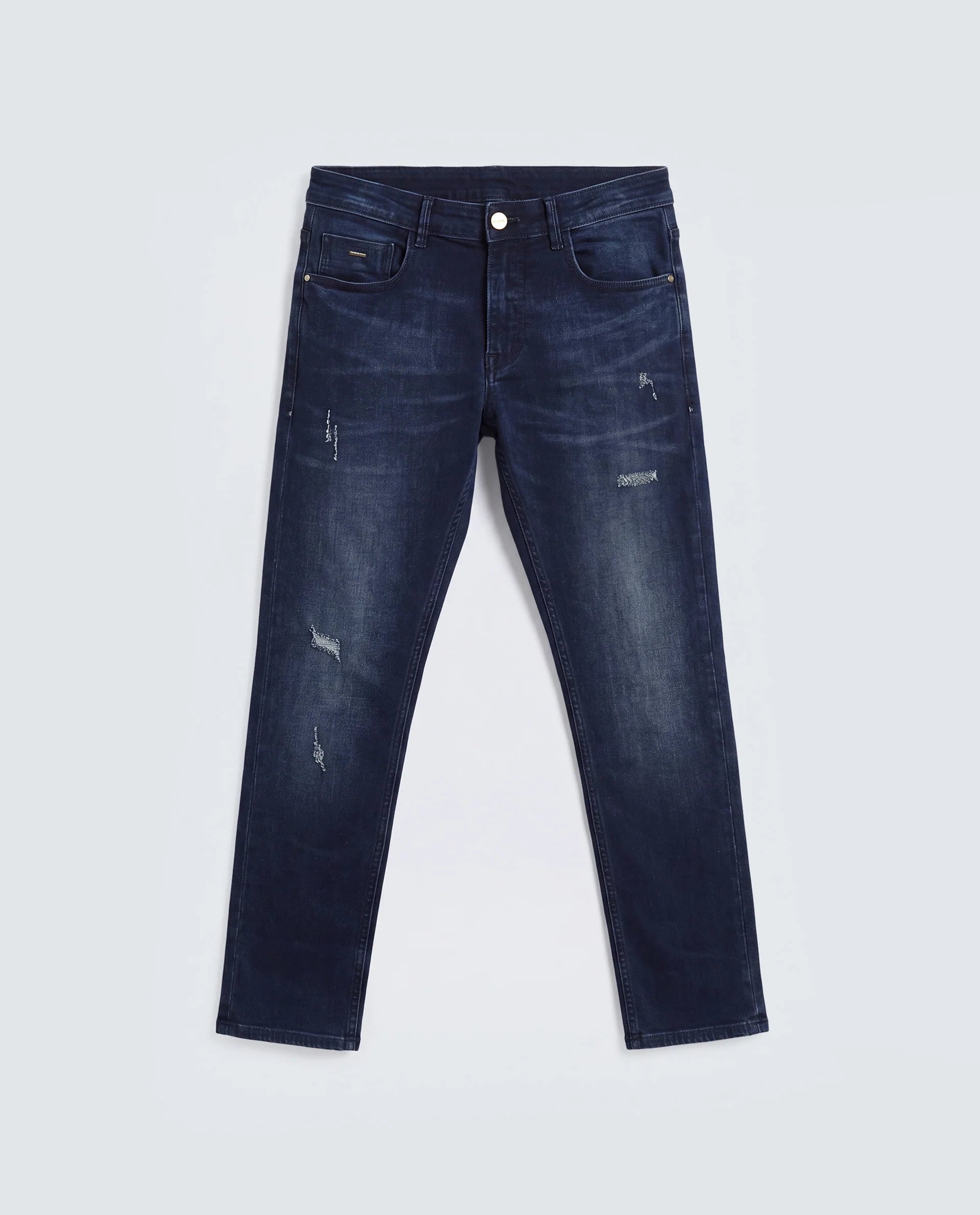 Rare Rabbit Men's Snugh Navy Cotton Blend Plain Hawk Slim Fit Jeans