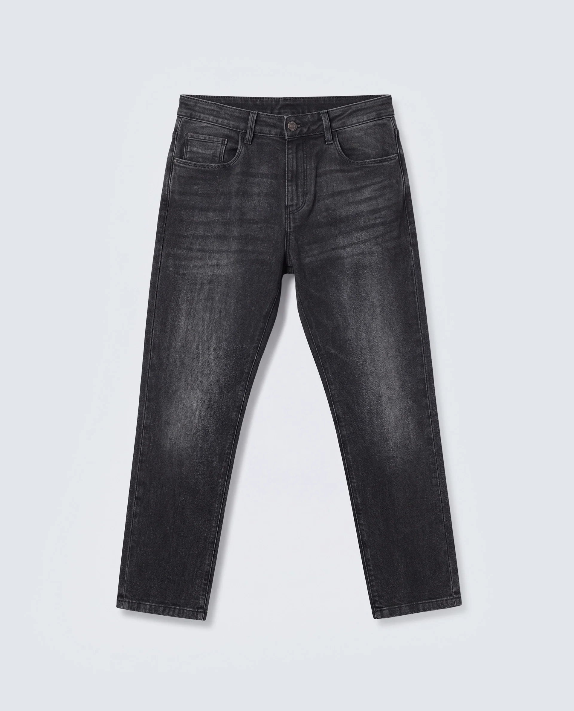 Rare Rabbit Men's Tova Dark Grey Cotton Fabric Shank And Zipper Kurt Carrot Fit Plain Jeans