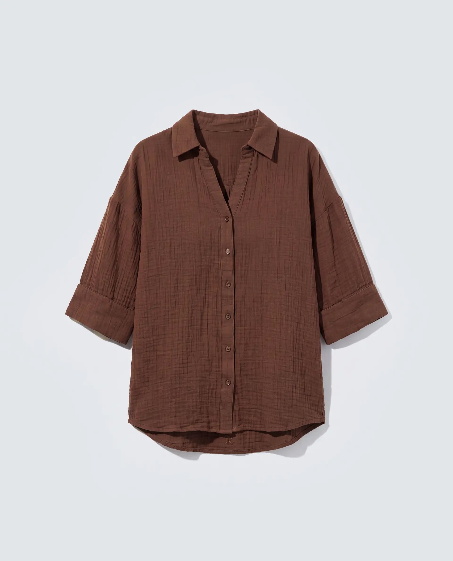 Rareism Women's Rudoc-T Brown Cotton Johnny Collar Oversized Plain Shirt