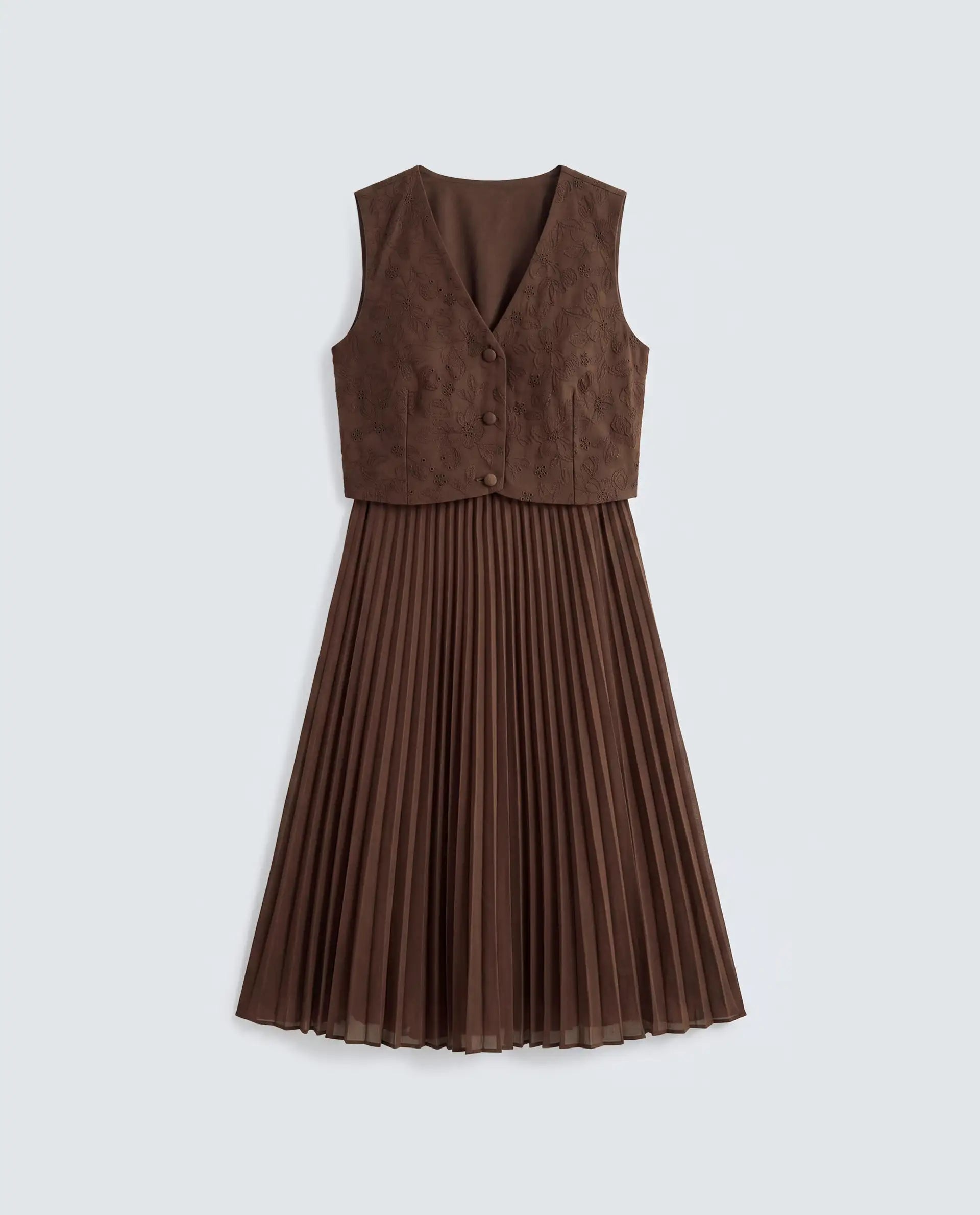 Rareism Women's Rudro Brown Self Design Cotton Blend Flared Sleeveless Dress
