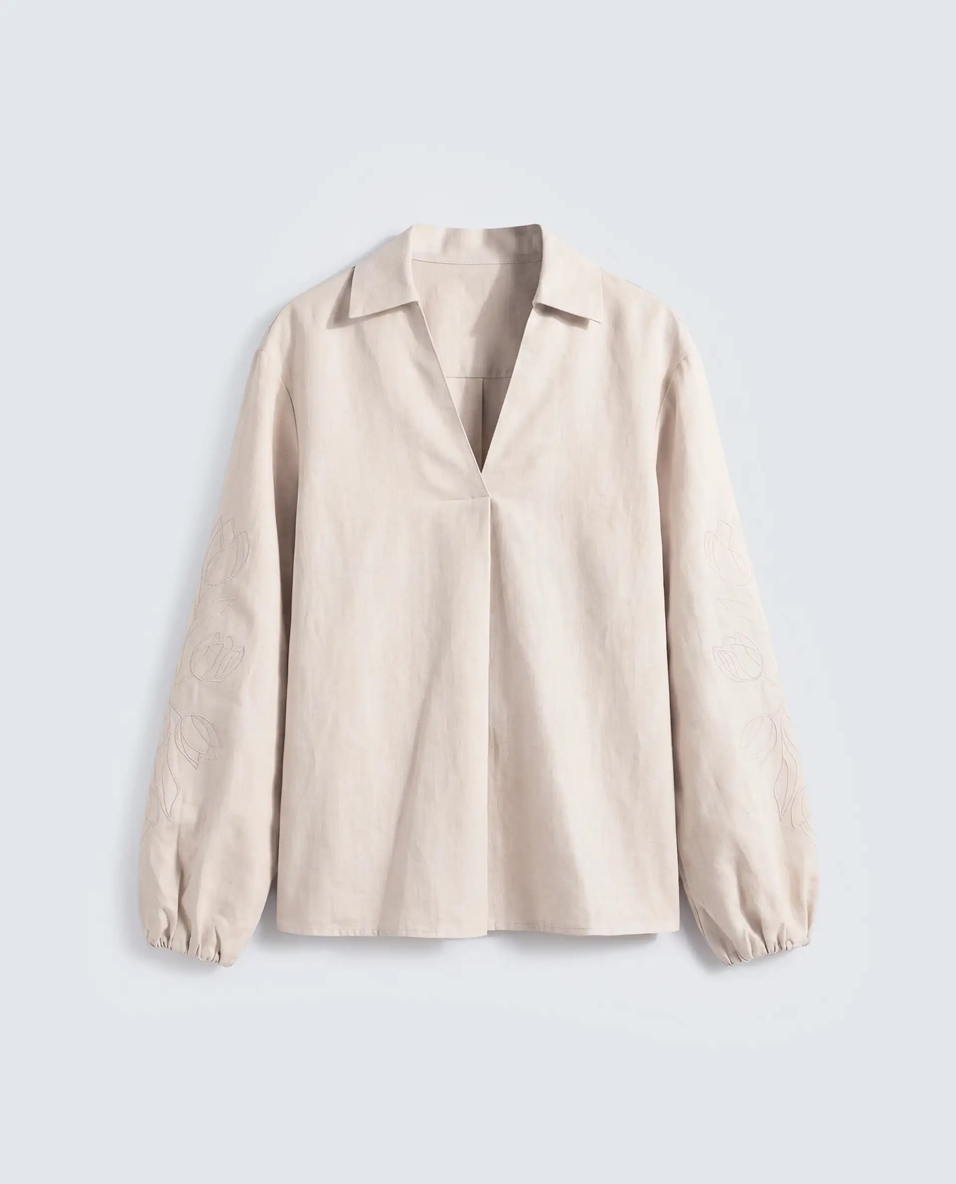 Rareism Women's Ruemb Beige Linen Blend Johnny Collar Relaxed Plain Top