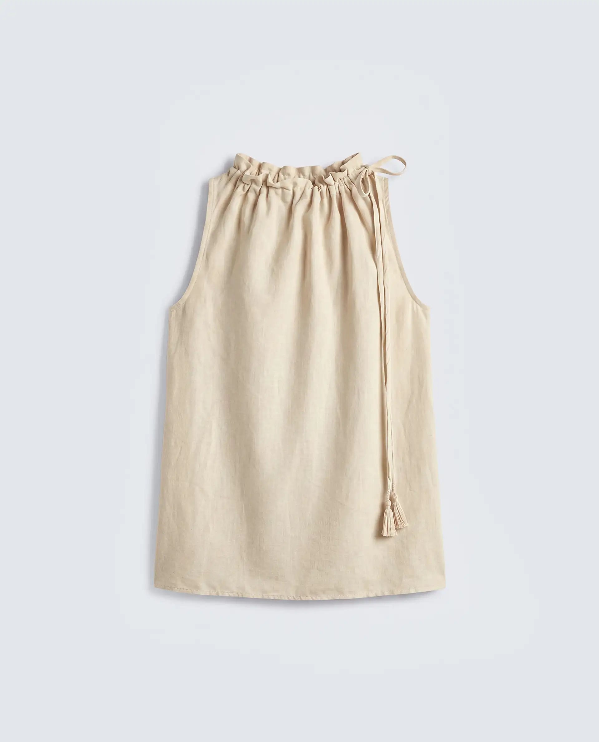 Rareism Women's Russo Beige Linen Blend Ruffled Neck Relaxed Plain Top