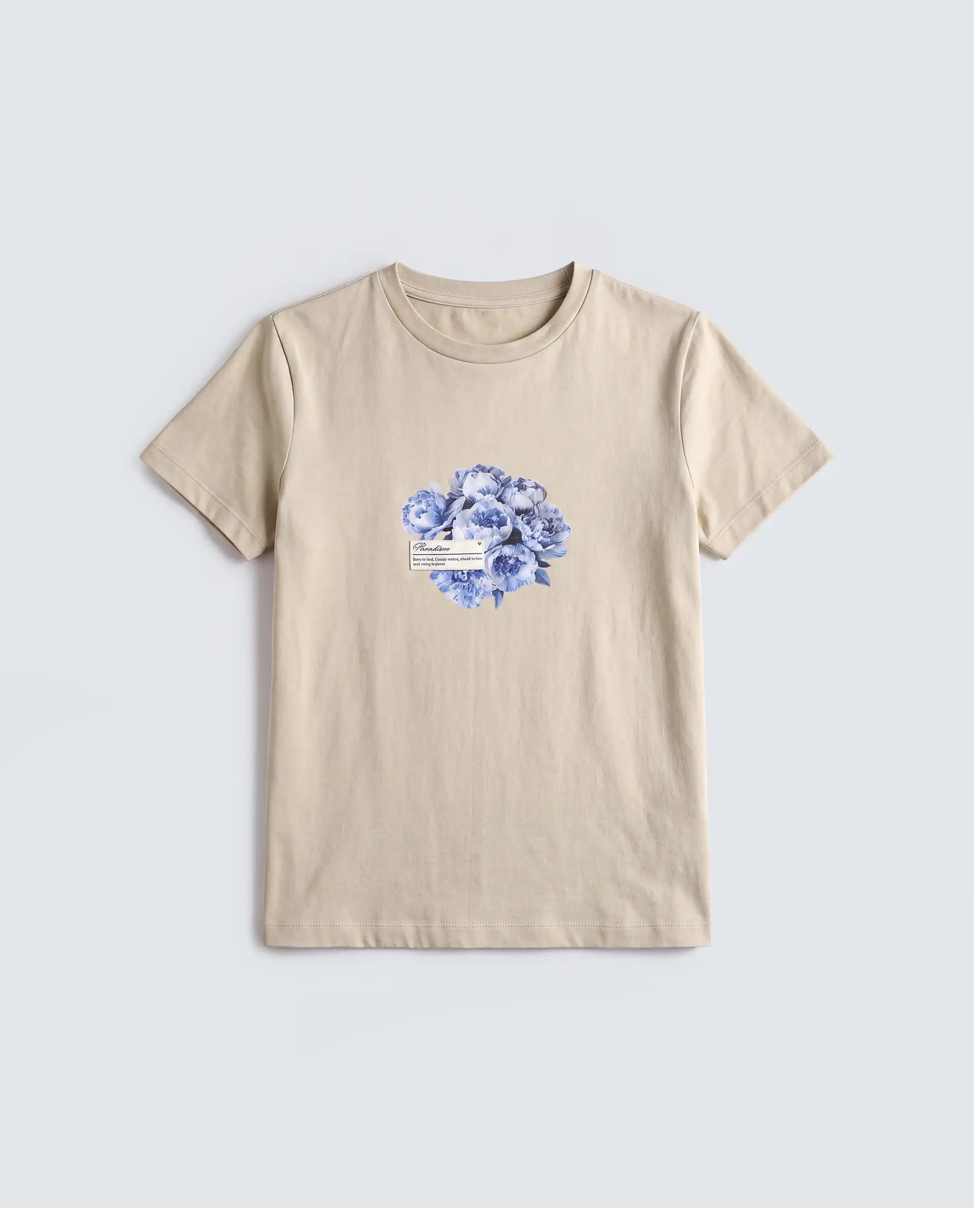 Rareism Women's Zak Beige Cotton Blend Half Sleeve Regular Fit Badge Print T-Shirt
