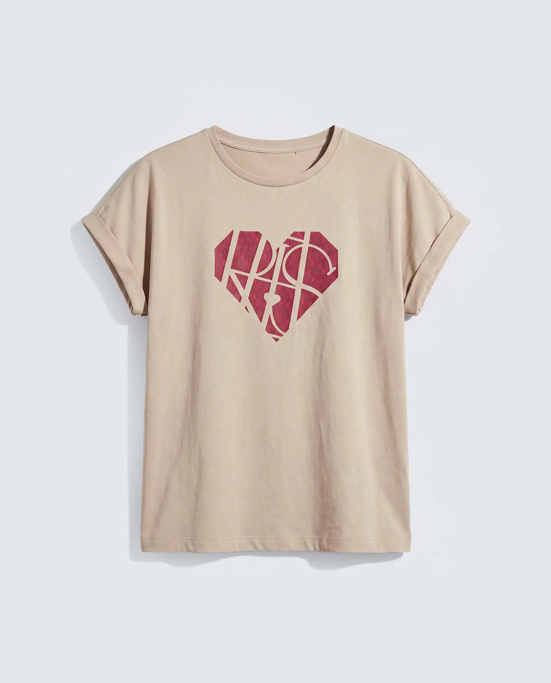 Rareism Women's Zibbit Beige Cotton Crew Neck Pull-On Relaxed Monogram Print T-Shirt