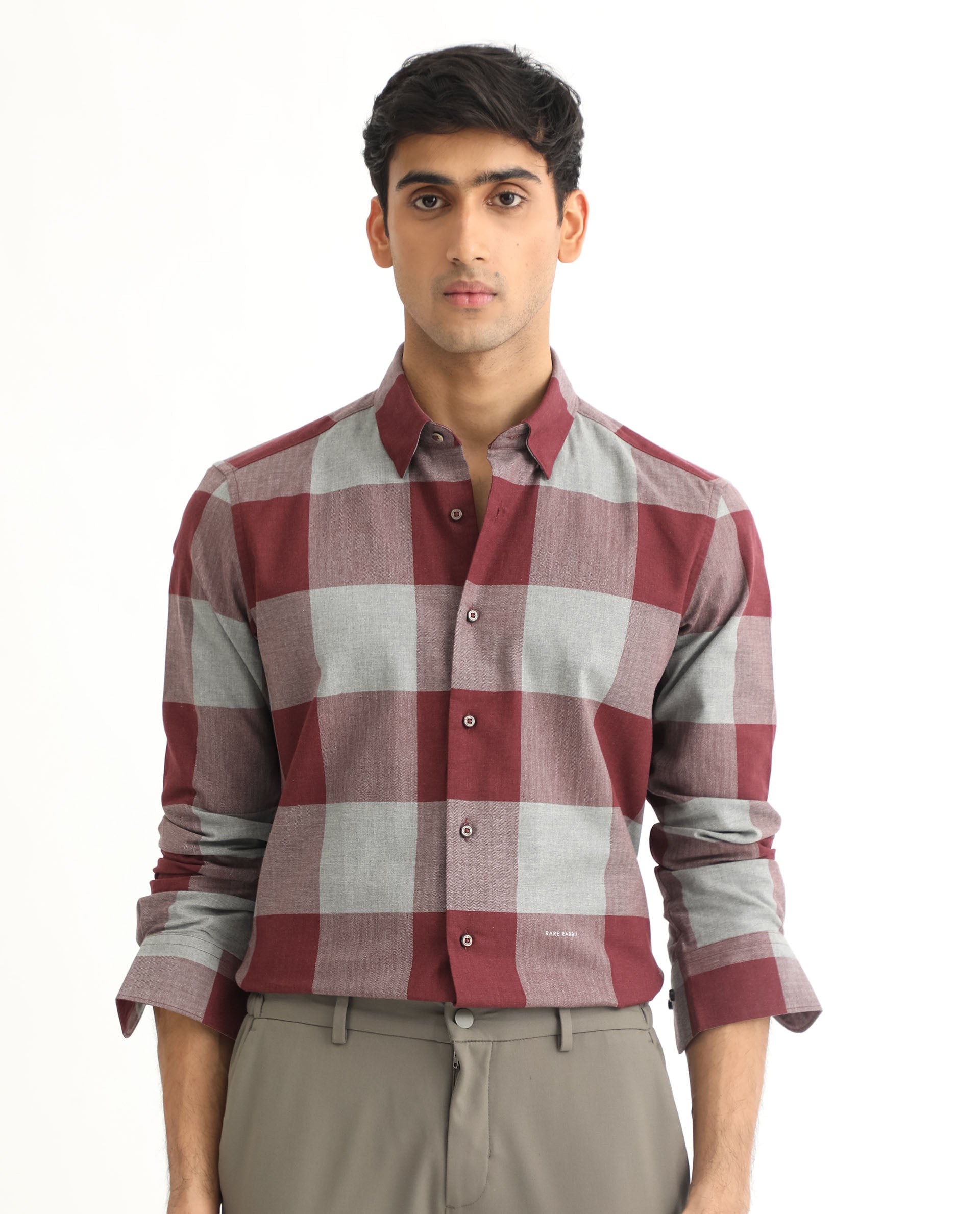 Rare Rabbit Men's Harter Maroon Cotton Fabric Full Sleeves Checks Shirt