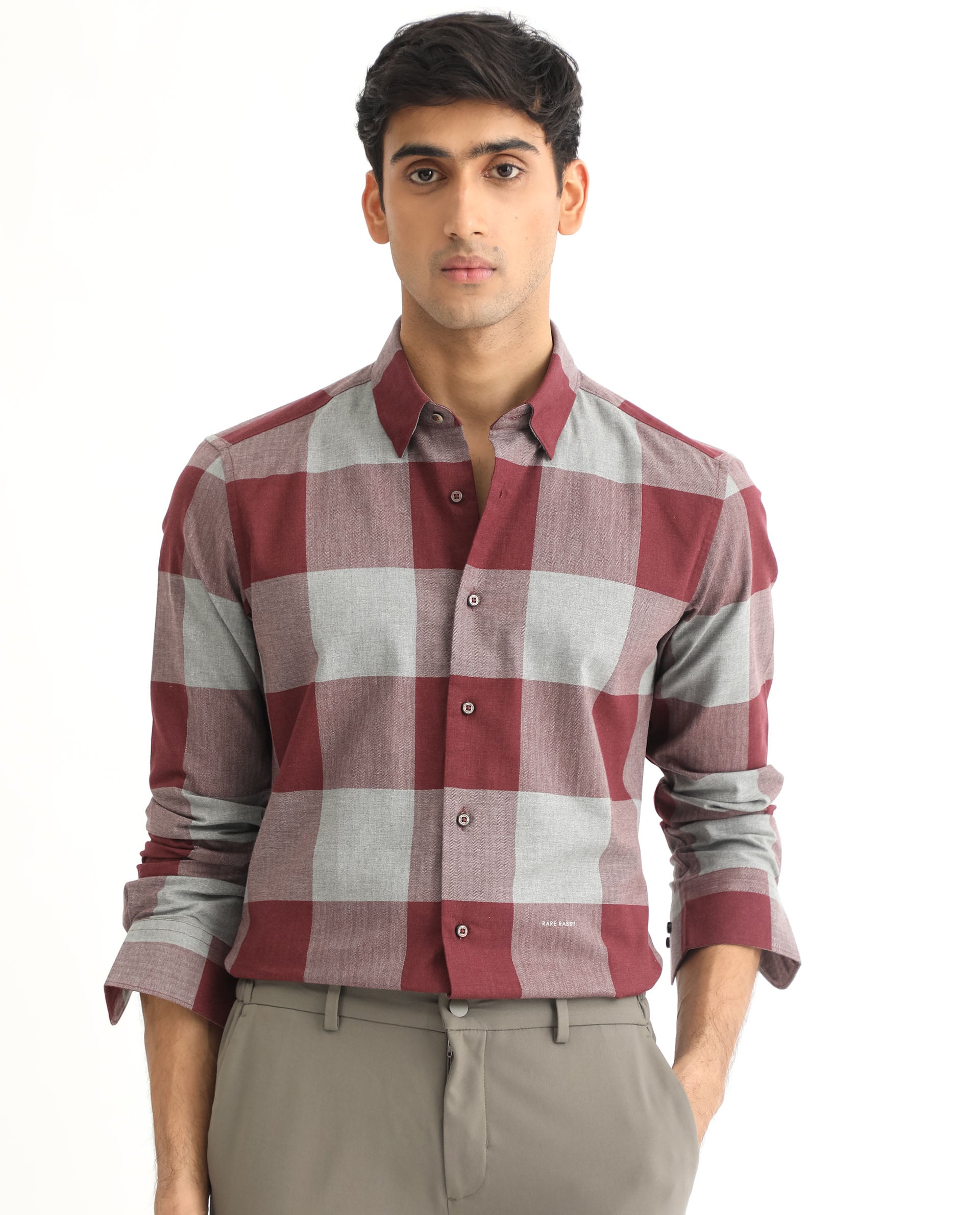 Rare Rabbit Men's Harter Maroon Cotton Fabric Full Sleeves Checks Shirt
