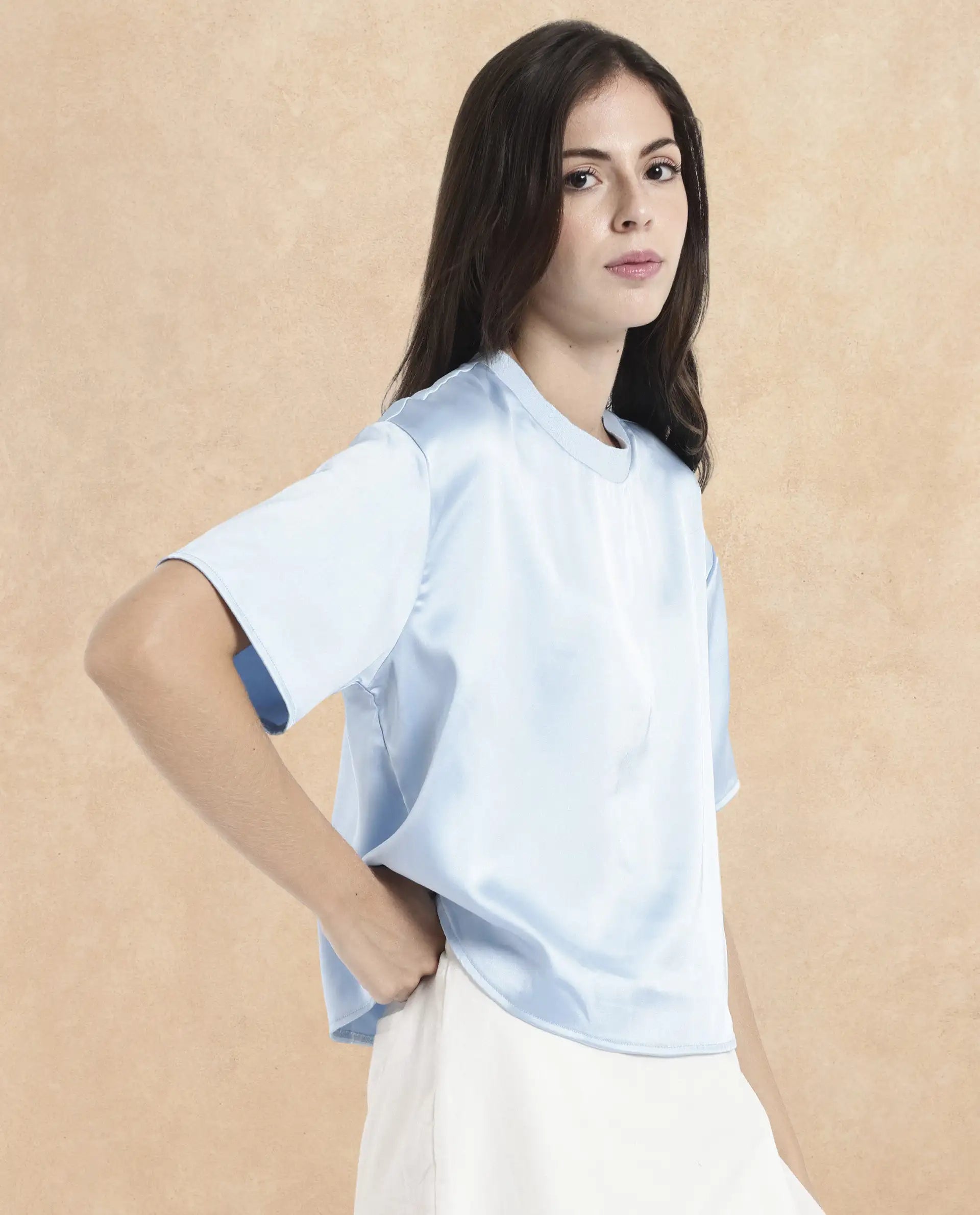 Rareism Women Haruno Light Blue Short Sleeve Ribbed Collar Boxy Fit Plain Top