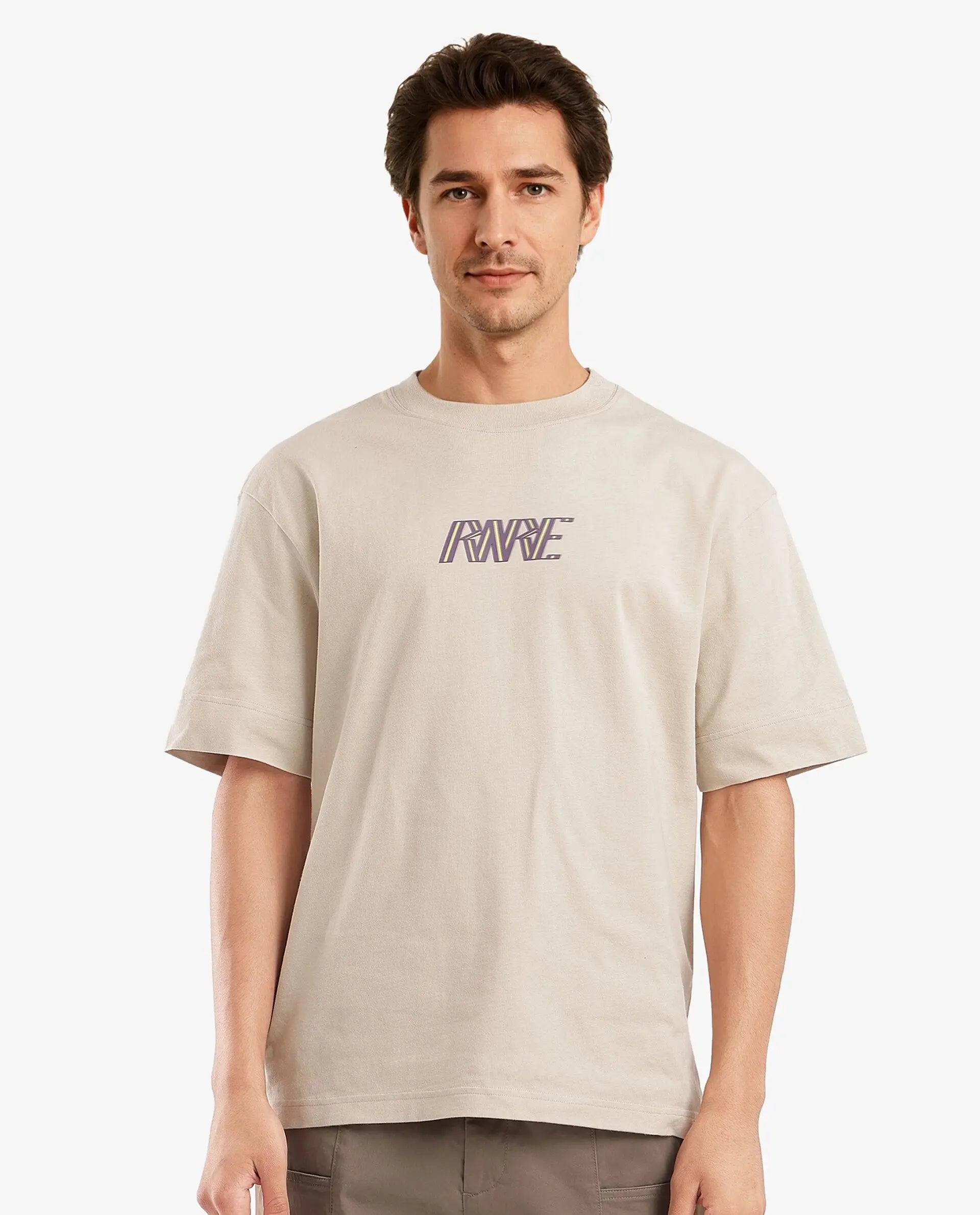 Rare Rabbit Men Harve Beige Cotton Fabric Short Sleeve Crew Neck Boxy Fit Branding Print T-Shirt