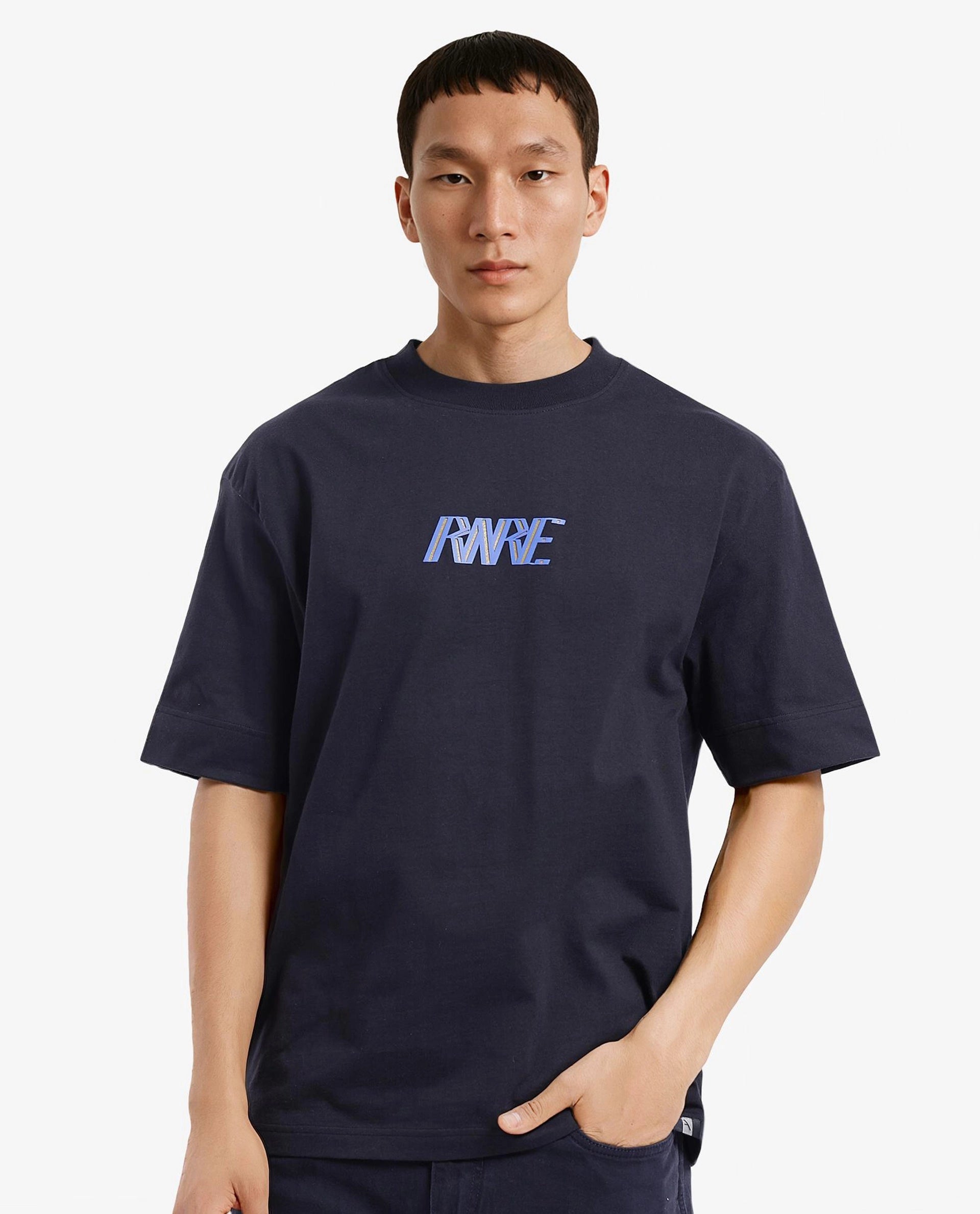 Rare Rabbit Men Harve Black Cotton Fabric Short Sleeve Crew Neck Boxy Fit Branding Print T-Shirt