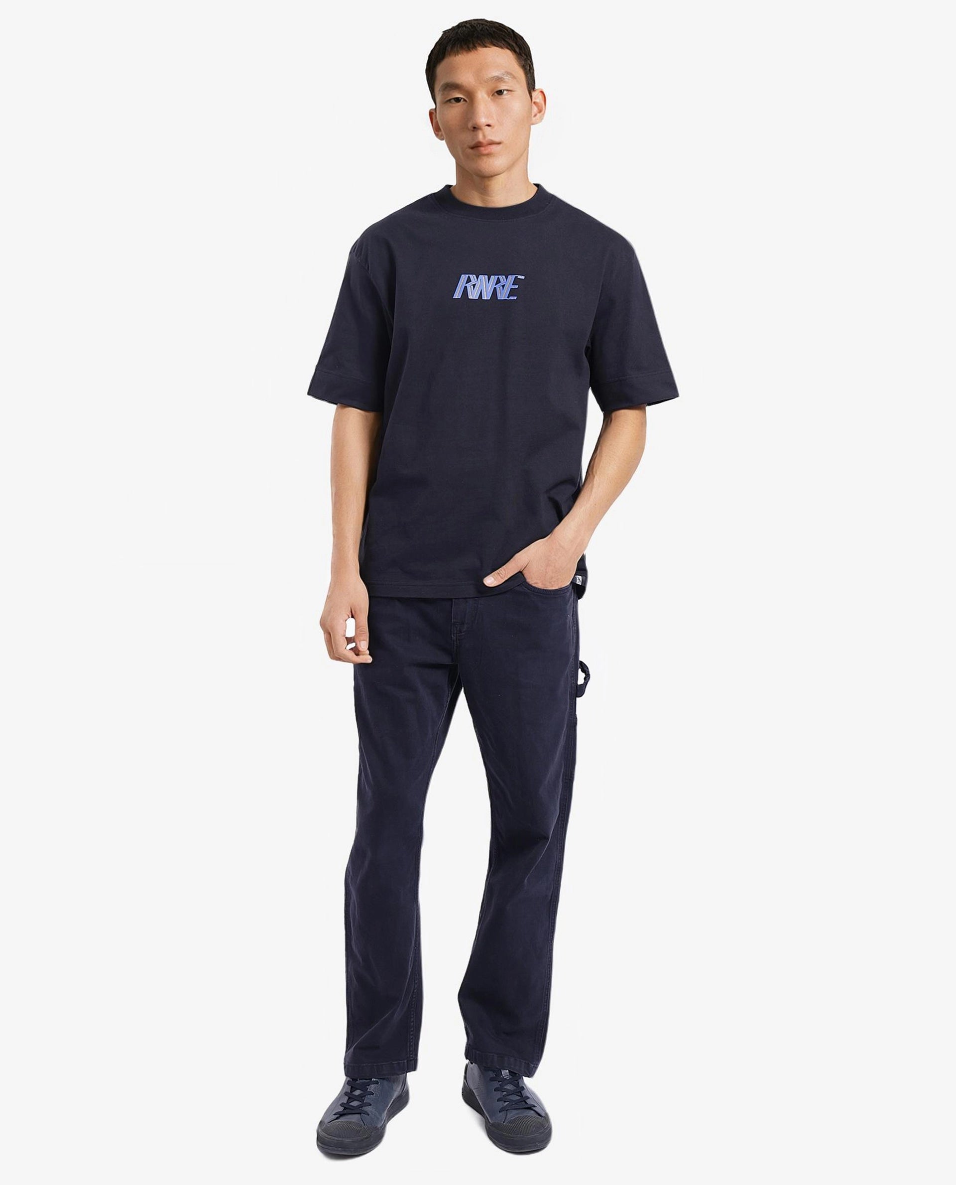 Rare Rabbit Men Harve Black Cotton Fabric Short Sleeve Crew Neck Boxy Fit Branding Print T-Shirt