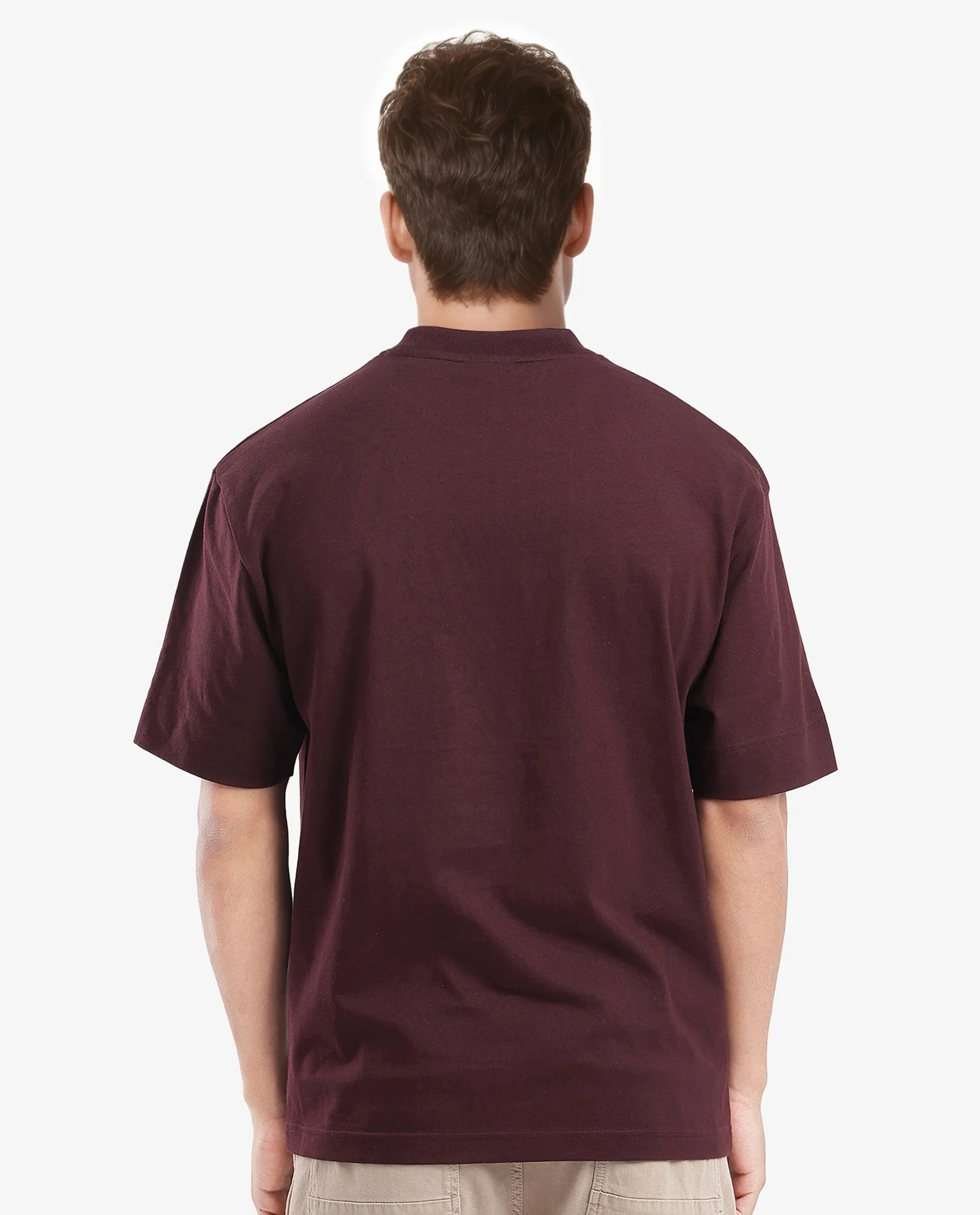 Rare Rabbit Men Harve Brown Cotton Fabric Short Sleeve Crew Neck Boxy Fit Branding Print T-Shirt