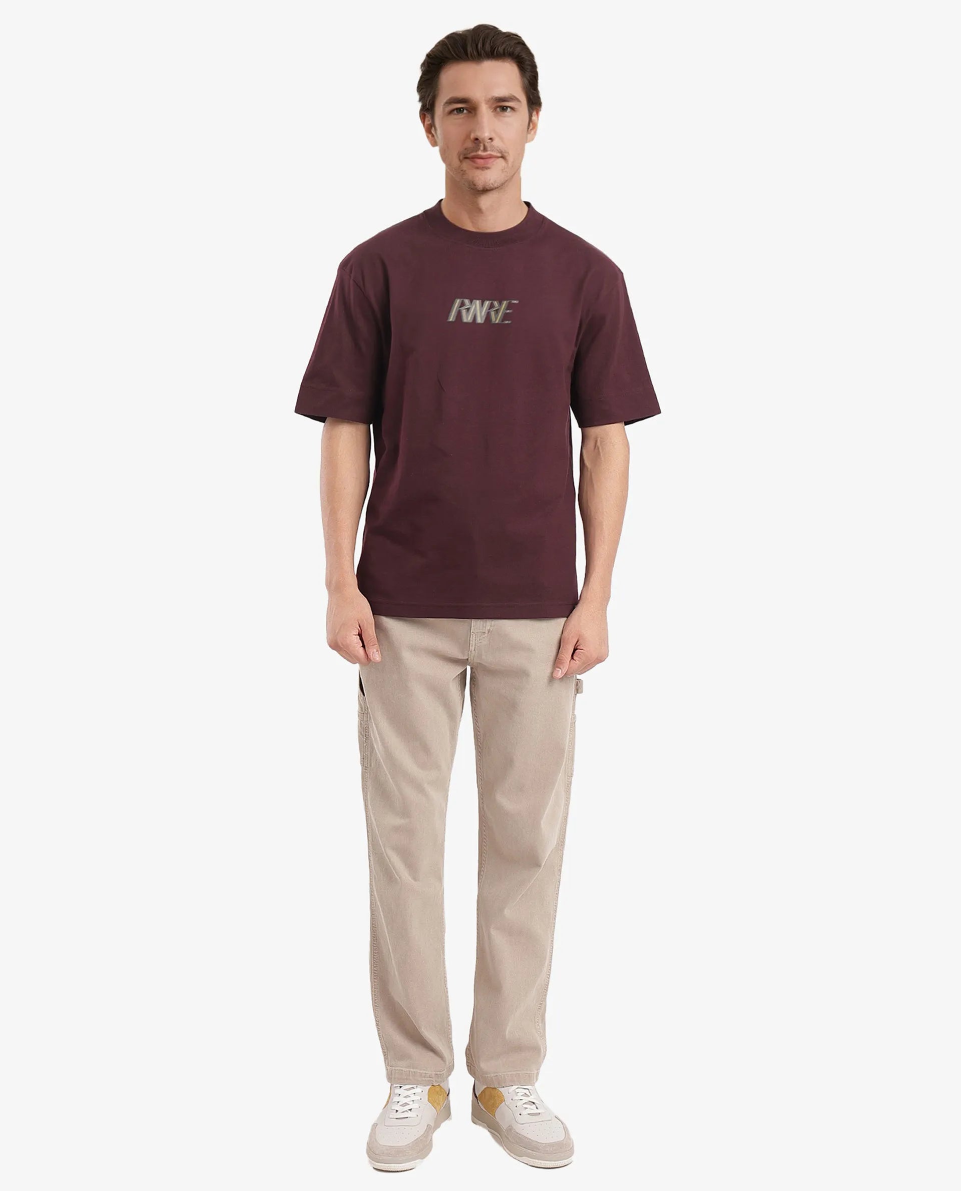 Rare Rabbit Men Harve Brown Cotton Fabric Short Sleeve Crew Neck Boxy Fit Branding Print T-Shirt