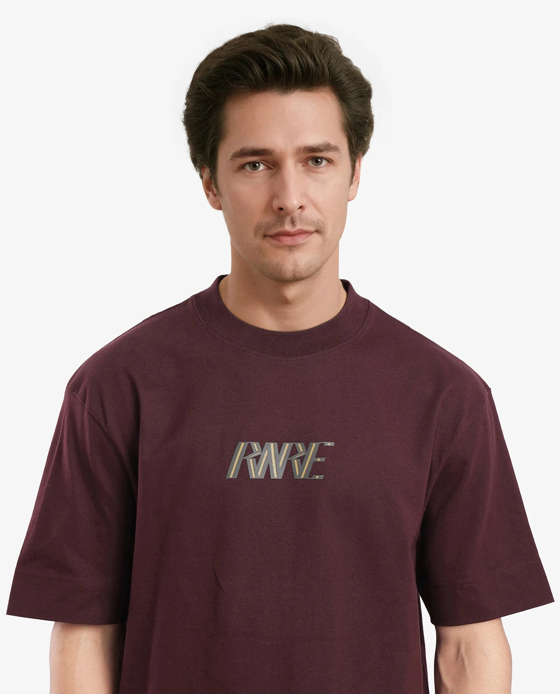 Rare Rabbit Men Harve Brown Cotton Fabric Short Sleeve Crew Neck Boxy Fit Branding Print T-Shirt